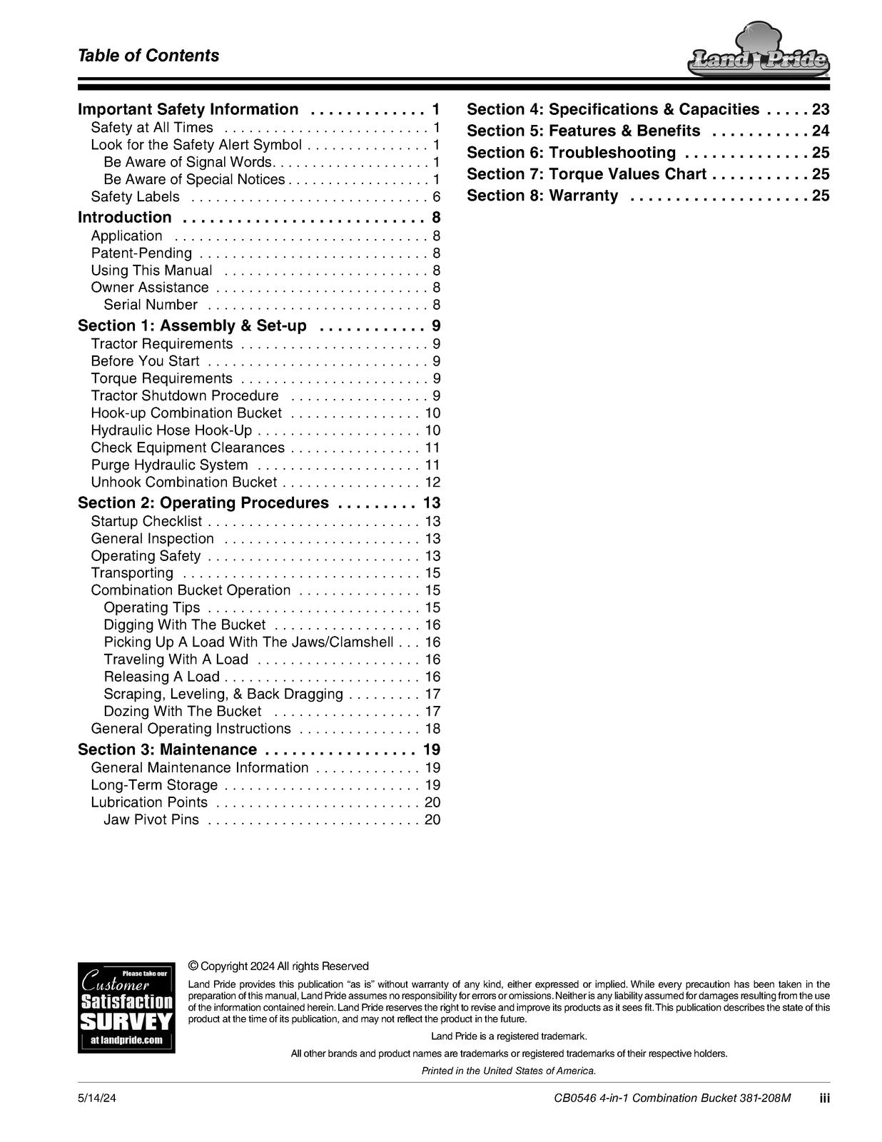 LAND PRIDE CB0546 Combo Buckets Operators Manual - WIRE BOUND - TOUGH COVERS