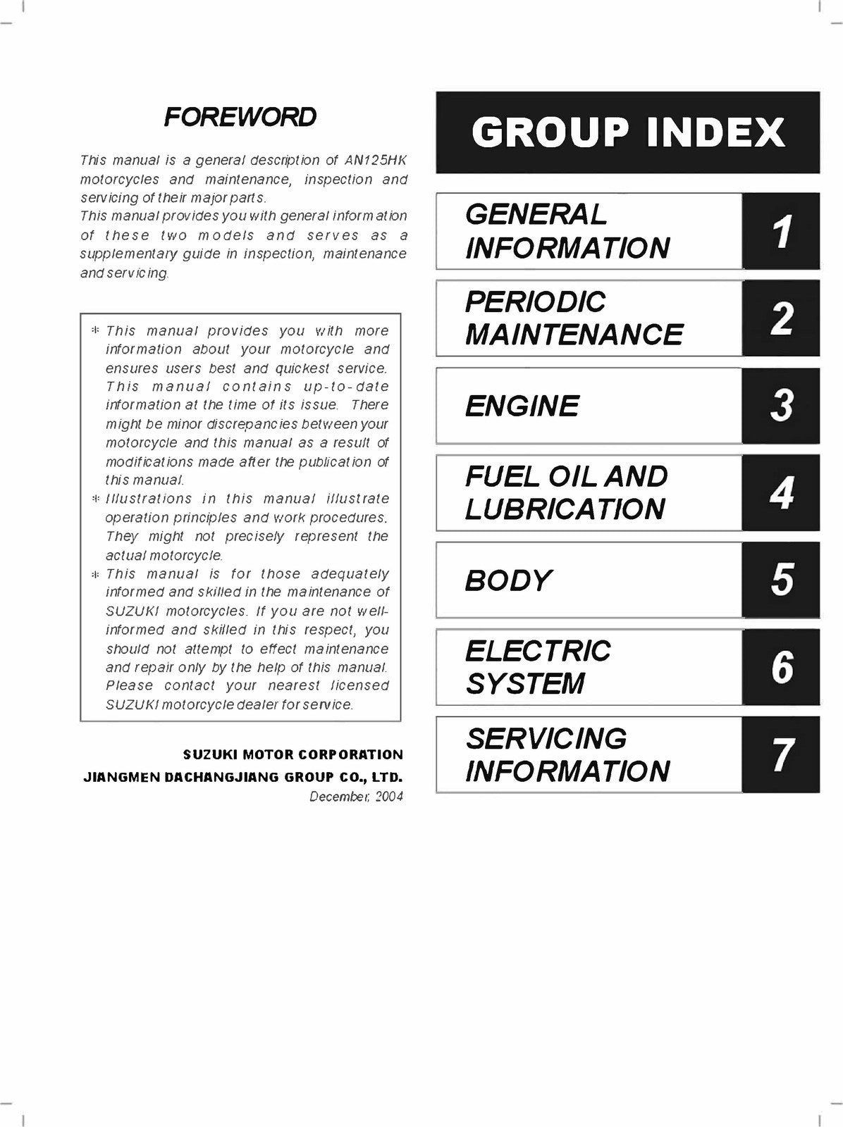 SUZUKI AN125HK Motorcycle Service Manual - STEEL WIRE BOUND - PROTECTIVE COVERS
