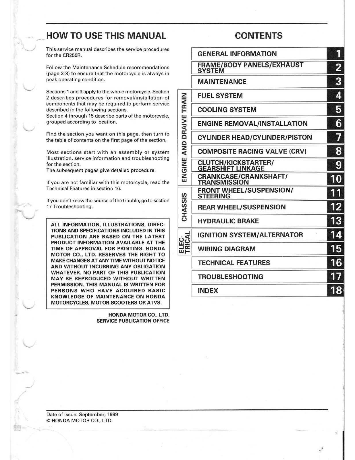 HONDA CR250R Motorcycle Service Manual 2000-2001 - WIRE BOUND - TOUGH COVERS