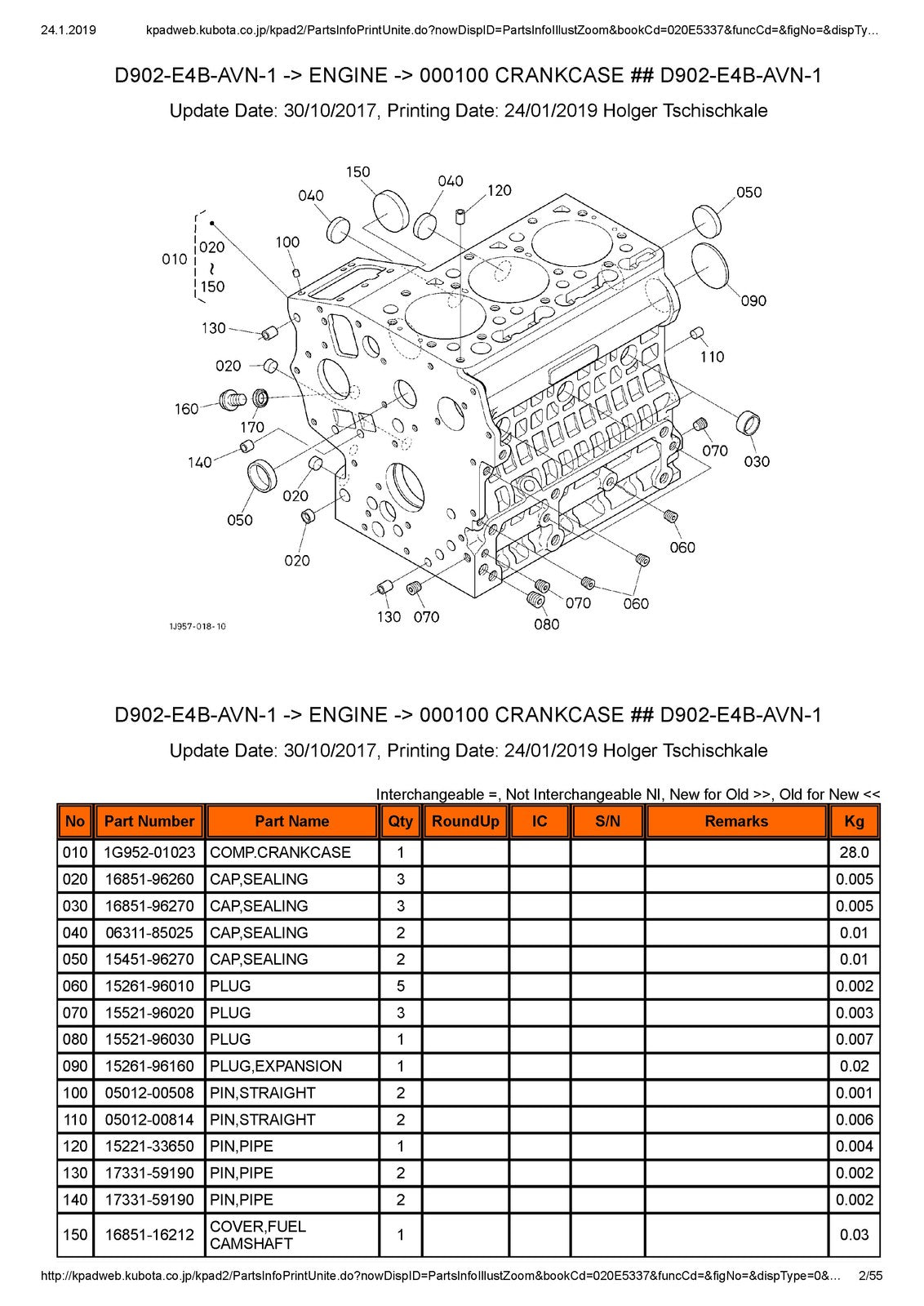 KUBOTA D902-E4B Engine Illustrated Parts List Manual - WIRE BOUND - TOUGH COVERS