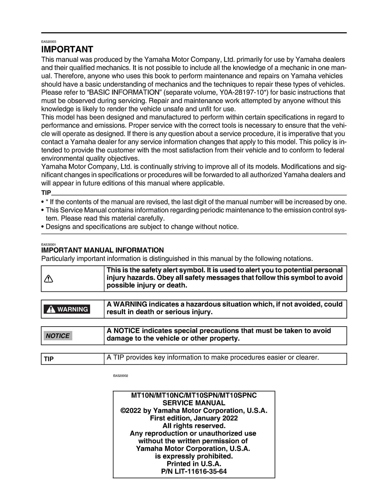 YAMAHA MT-10 MT-10SP Motorcycle Service Manual 2022 - BOUND - COVERS - FOLDOUTS