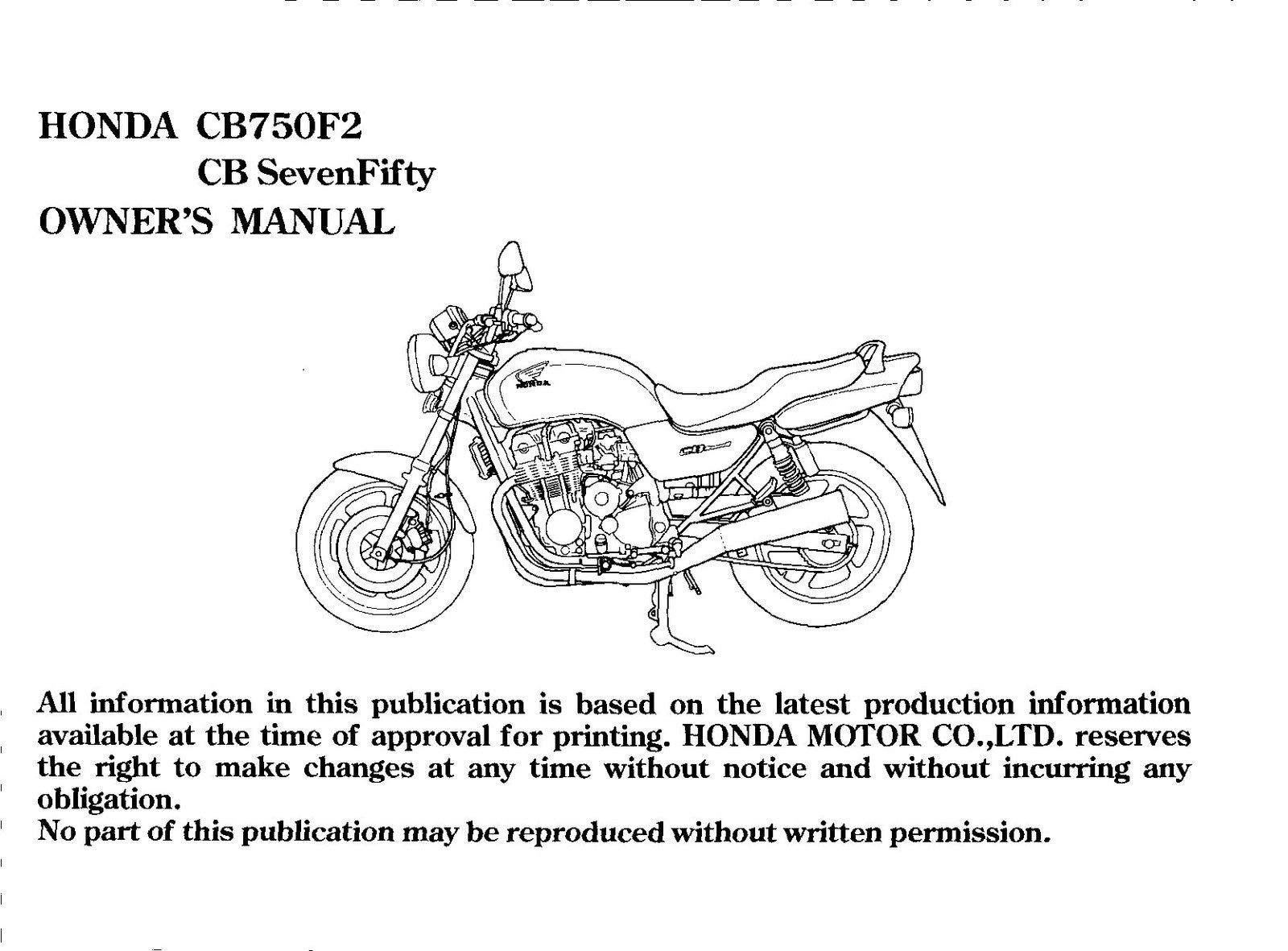 HONDA CB750F2 SevenFifty Owners Manual 1996 - BOUND - COVERS - XL FOLDOUT PAGES