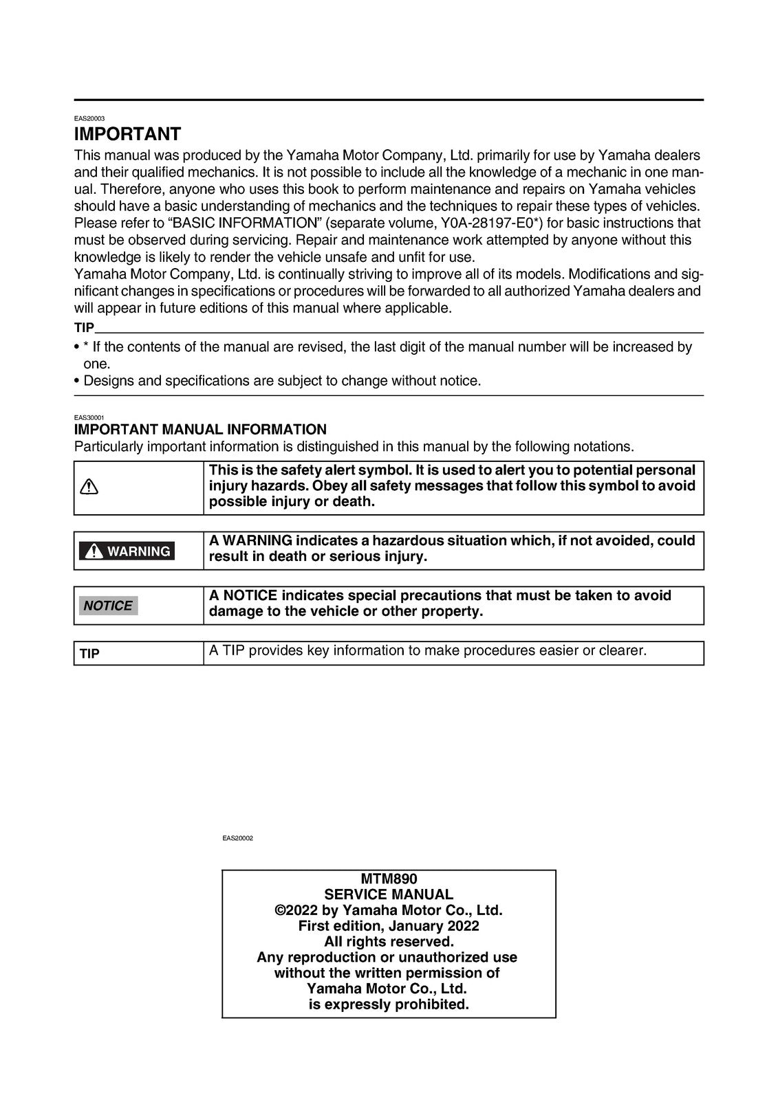 YAMAHA XSR900 MTM890 Motorcycle Service Manual 2022 - BOUND - COVERS - FOLDOUTS
