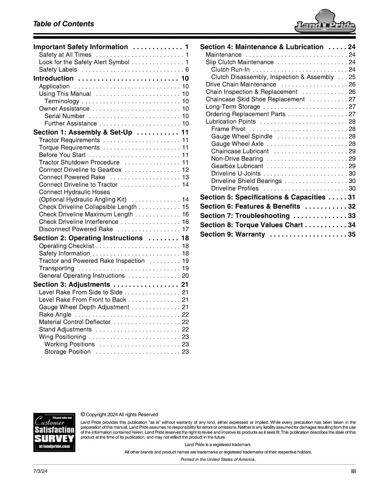 LAND PRIDE PR10 Series Powered Rake Operators Manual - WIRE BOUND - TOUGH COVERS