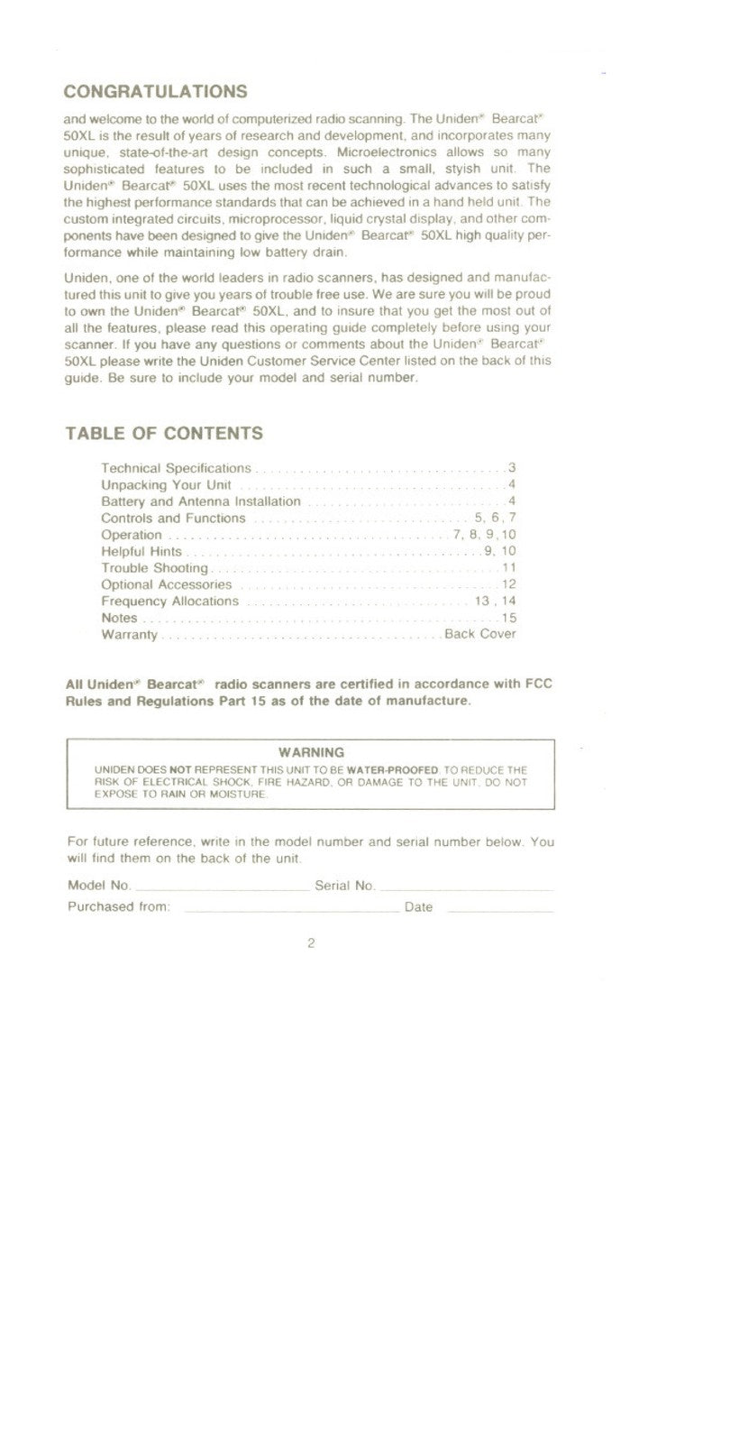 UNIDEN Bearcat BC 50XL Scanner Operating Instructions Manual - WIRE BOUND