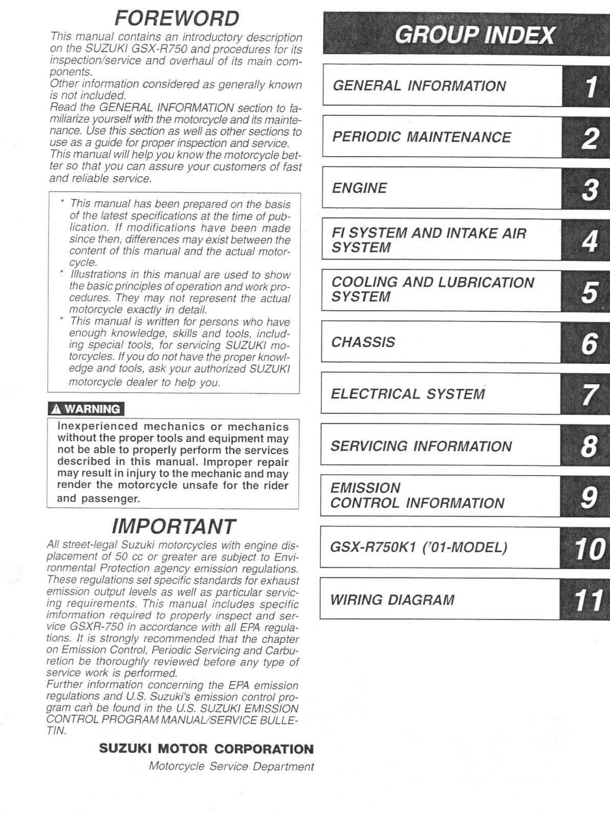 SUZUKI GSX-R750 Motorcycle Service Manual 2000-2002 - BOUND - COVERS - FOLDOUTS