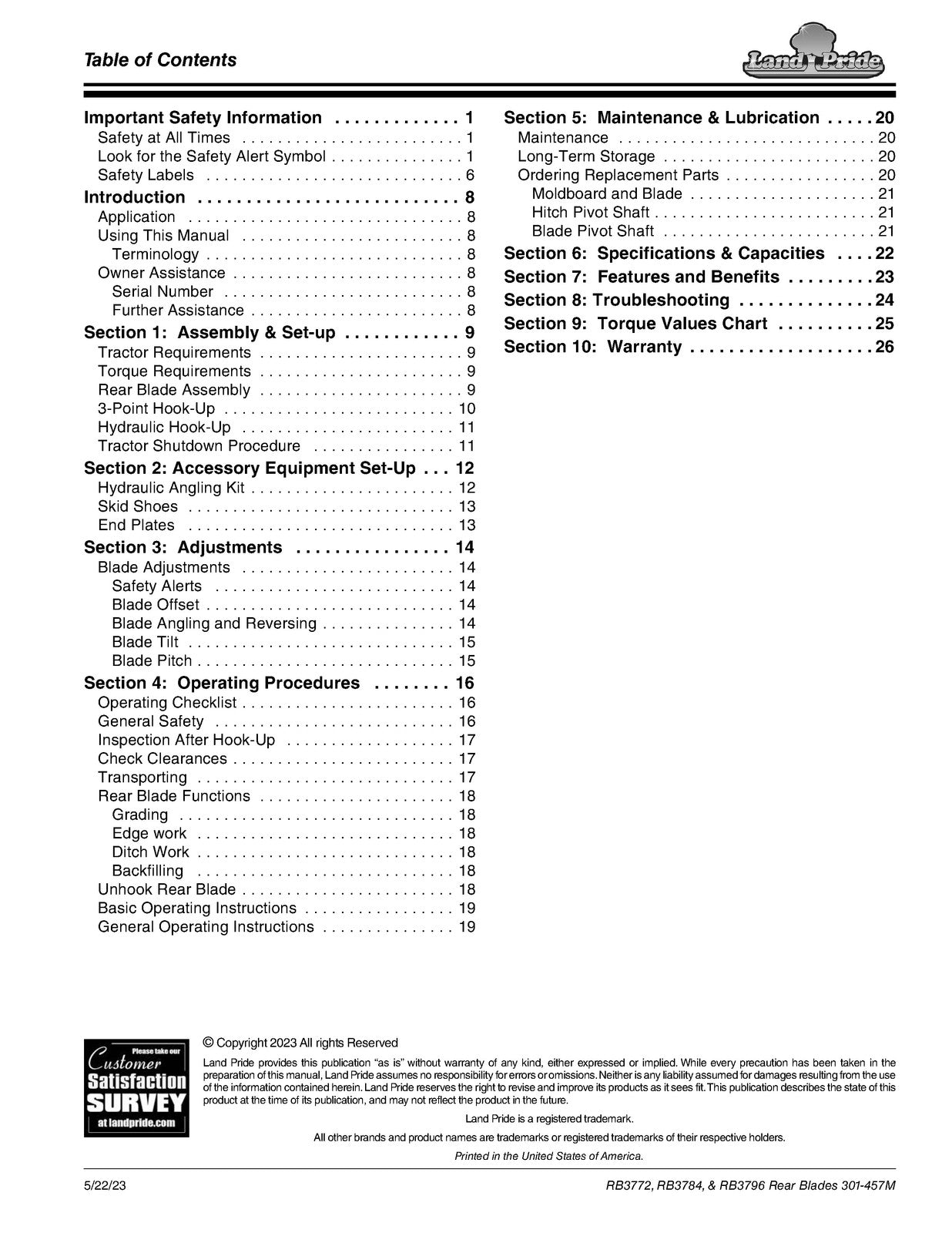 LAND PRIDE RB37 Series Rear Blades Operators Manual - WIRE BOUND - TOUGH COVERS