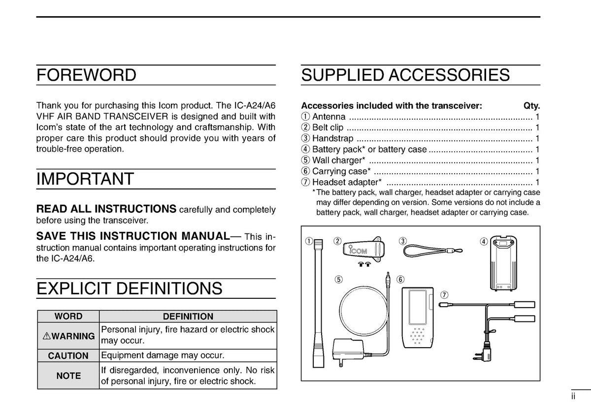 ICOM IC-A24 IC-A6 VHF Air Band Transceiver Instruction Manual - WIRE BOUND