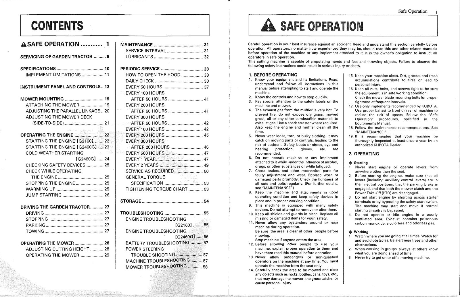 KUBOTA G2160 G2460G Garden Tractor Operators Manual - WIRE BOUND - TOUGH COVERS