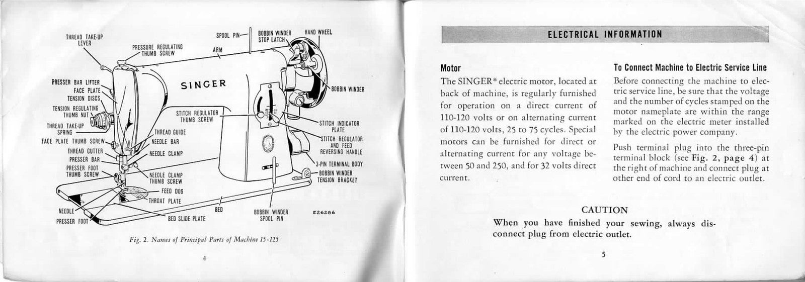 SINGER 15-125 Sewing Machine Instruction Manual 1956 - WIRE BOUND - TOUGH COVERS