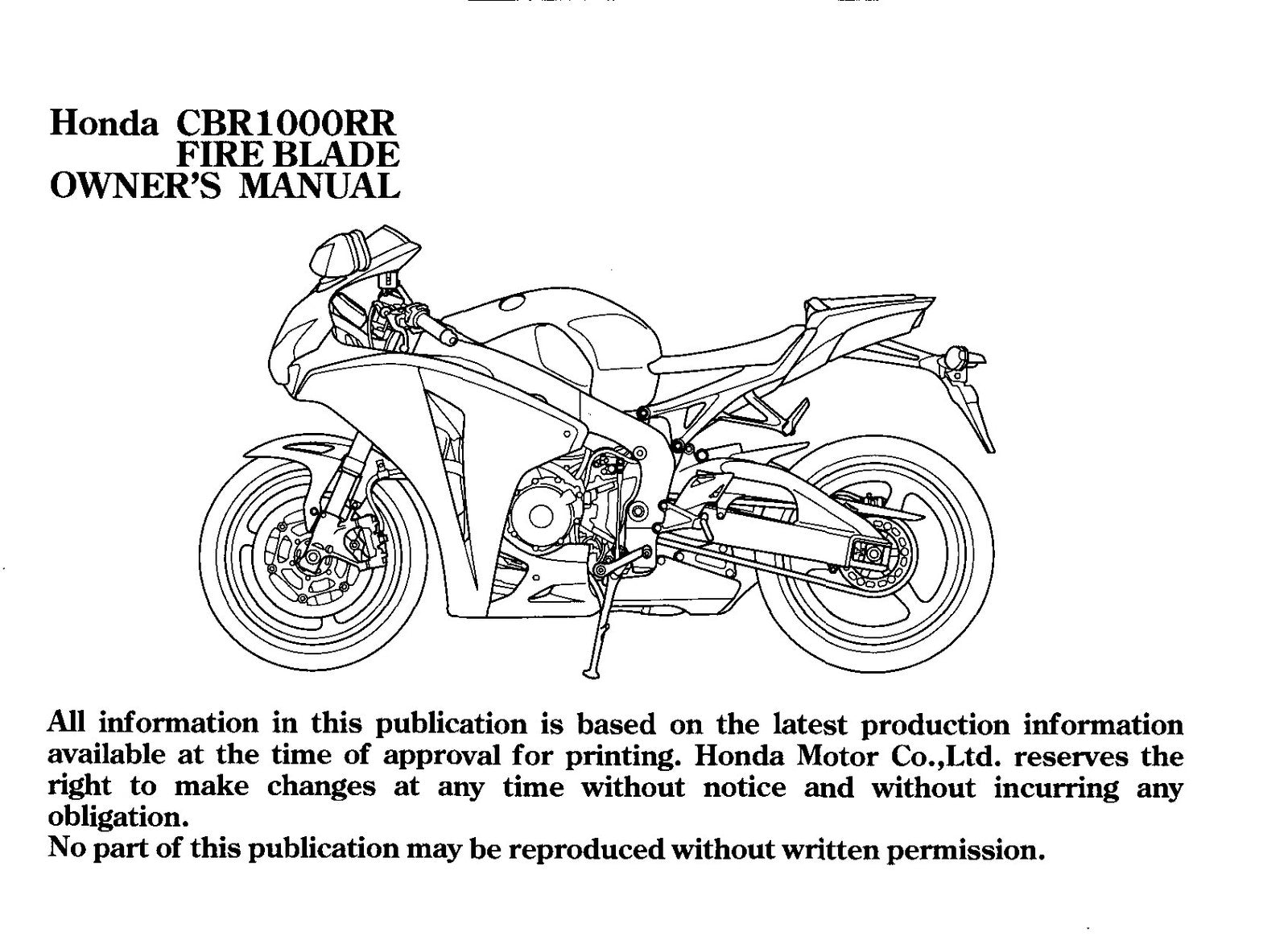 HONDA CBR1000RR Fire Blade Owners Manual 2008 - BOUND - COVERS - XL FOLDOUTS