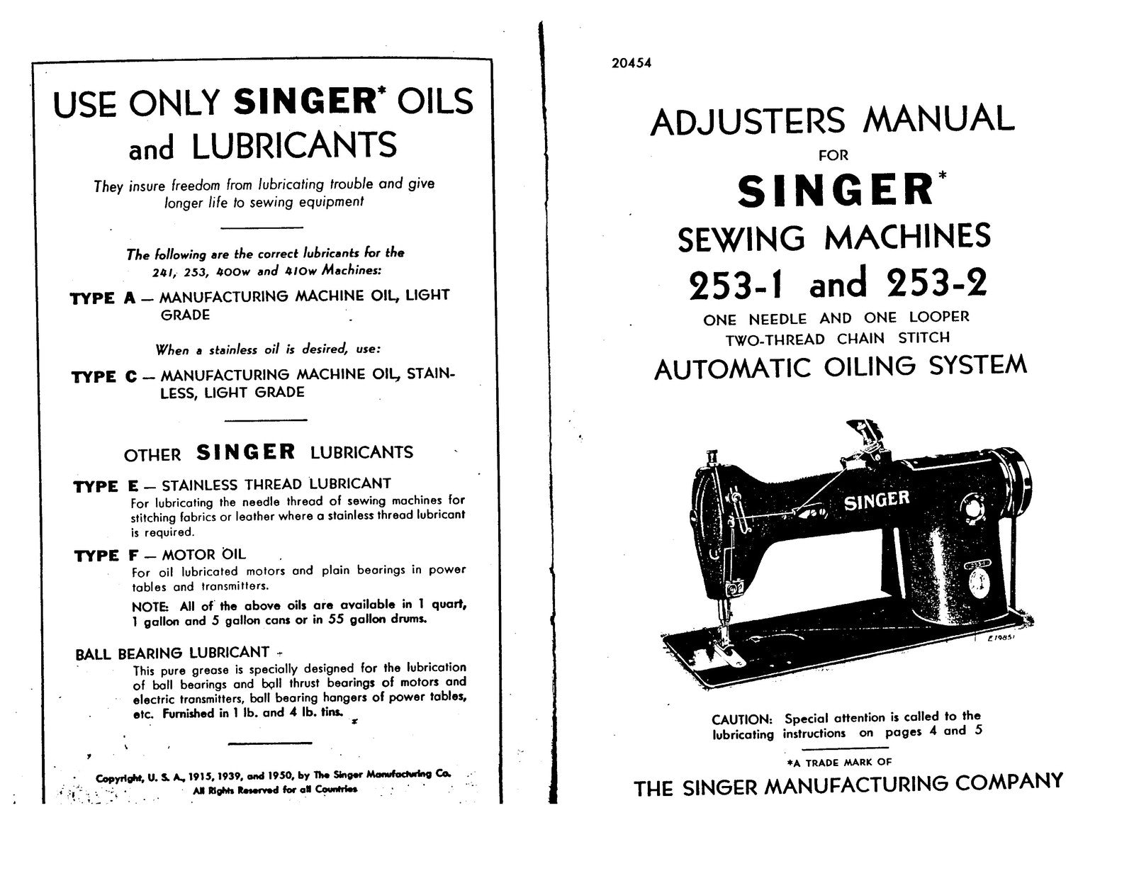 SINGER 253-1 253-2 Sewing Machine Service Manual - WIRE BOUND - TOUGH COVERS