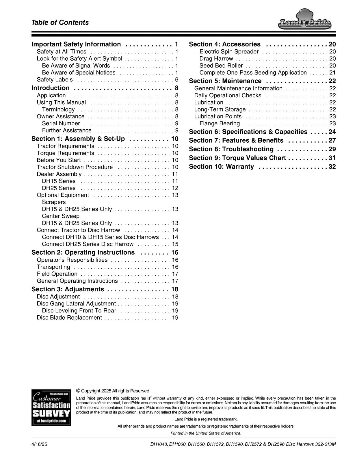 LAND PRIDE DH10 Series Disc Harrows Operators Manual - WIRE BOUND - TOUGH COVERS