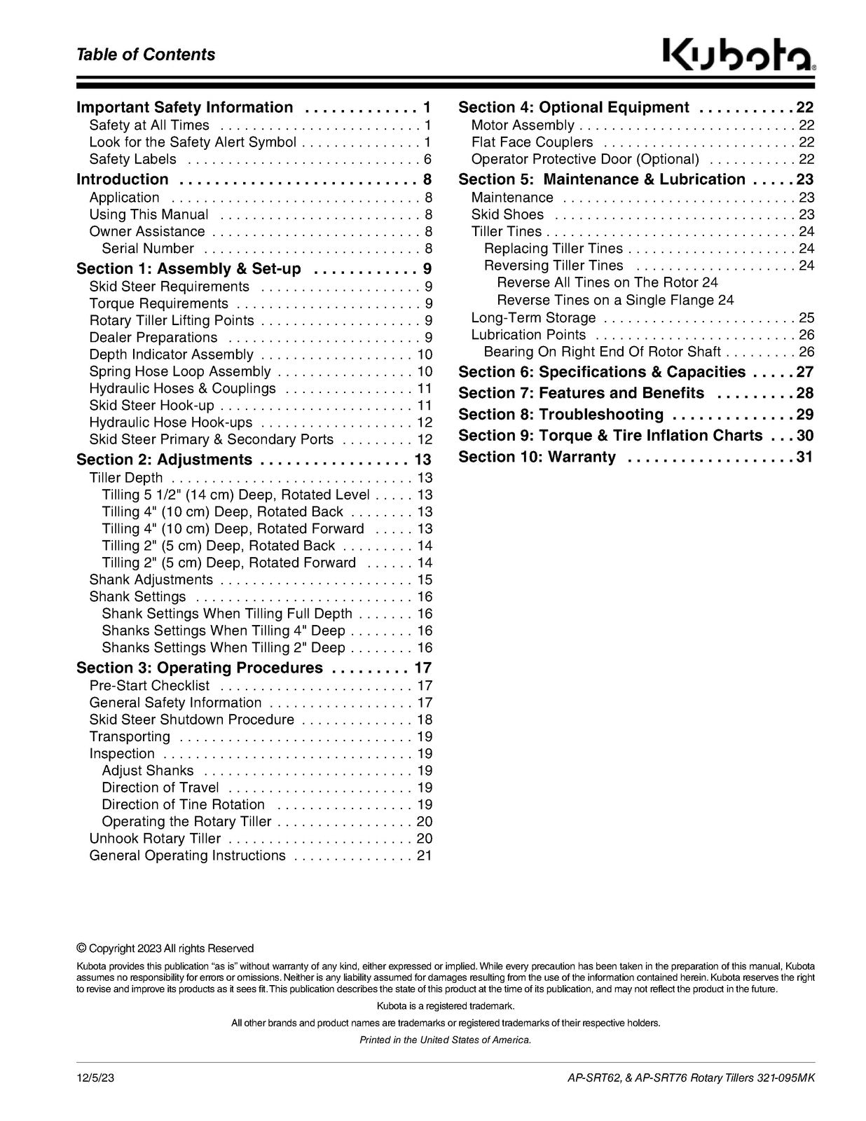 KUBOTA Land Pride AP-SRT62 AP-SRT76 Rotary Tiller Operators Manual - WIRE BOUND