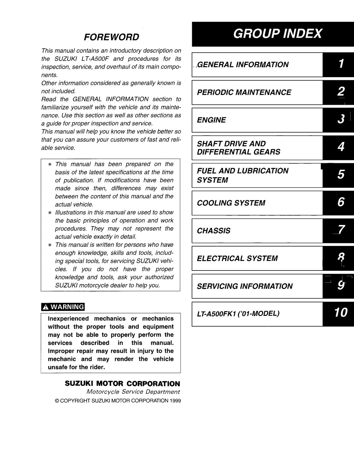 SUZUKI Vinson LT-A500F ATV Service Manual - STEEL WIRE BOUND - PROTECTIVE COVERS