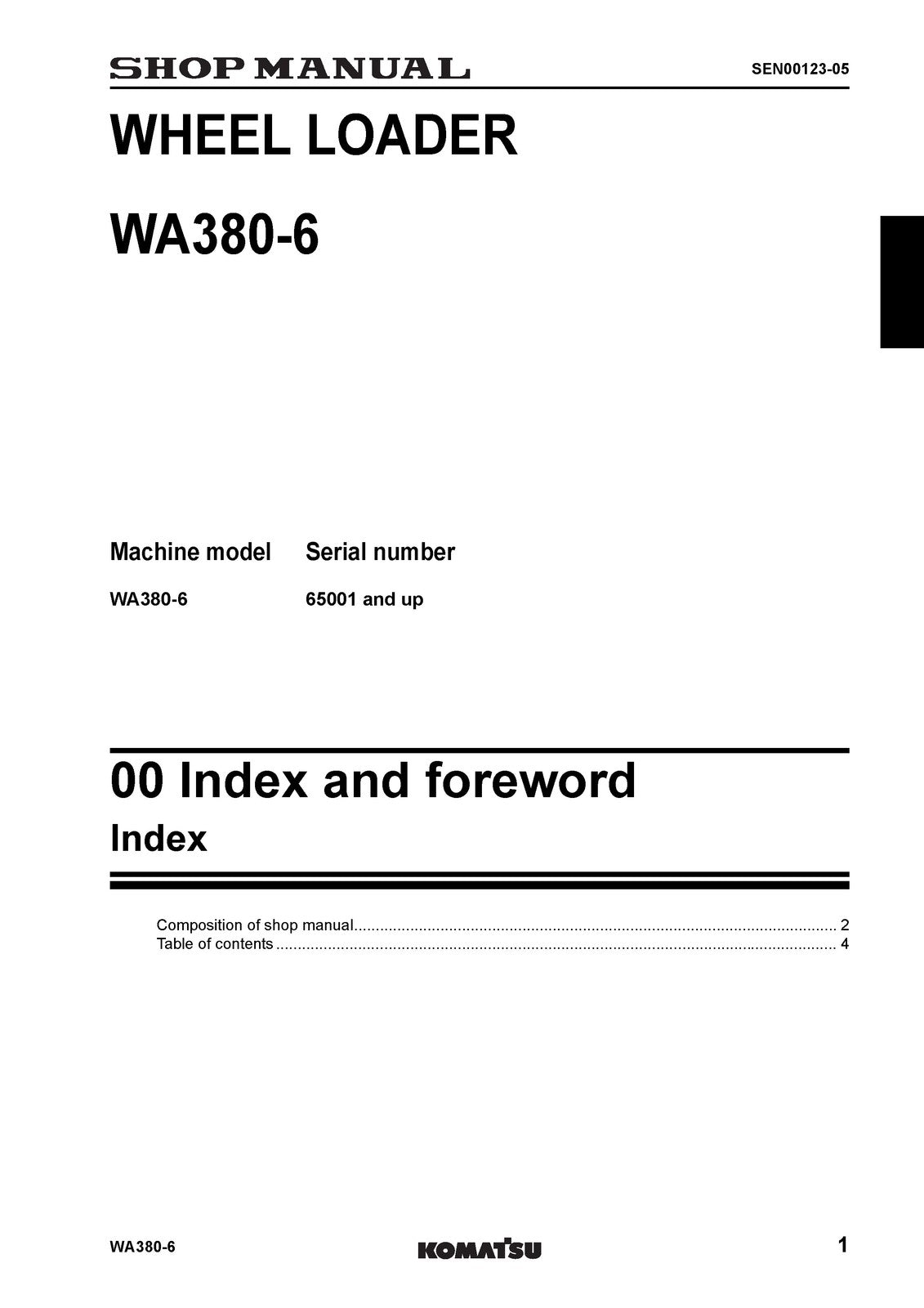 KOMATSU WA380-6 Wheel Loader Shop Manual SN 65001 Up - WIRE BOUND - TOUGH COVERS