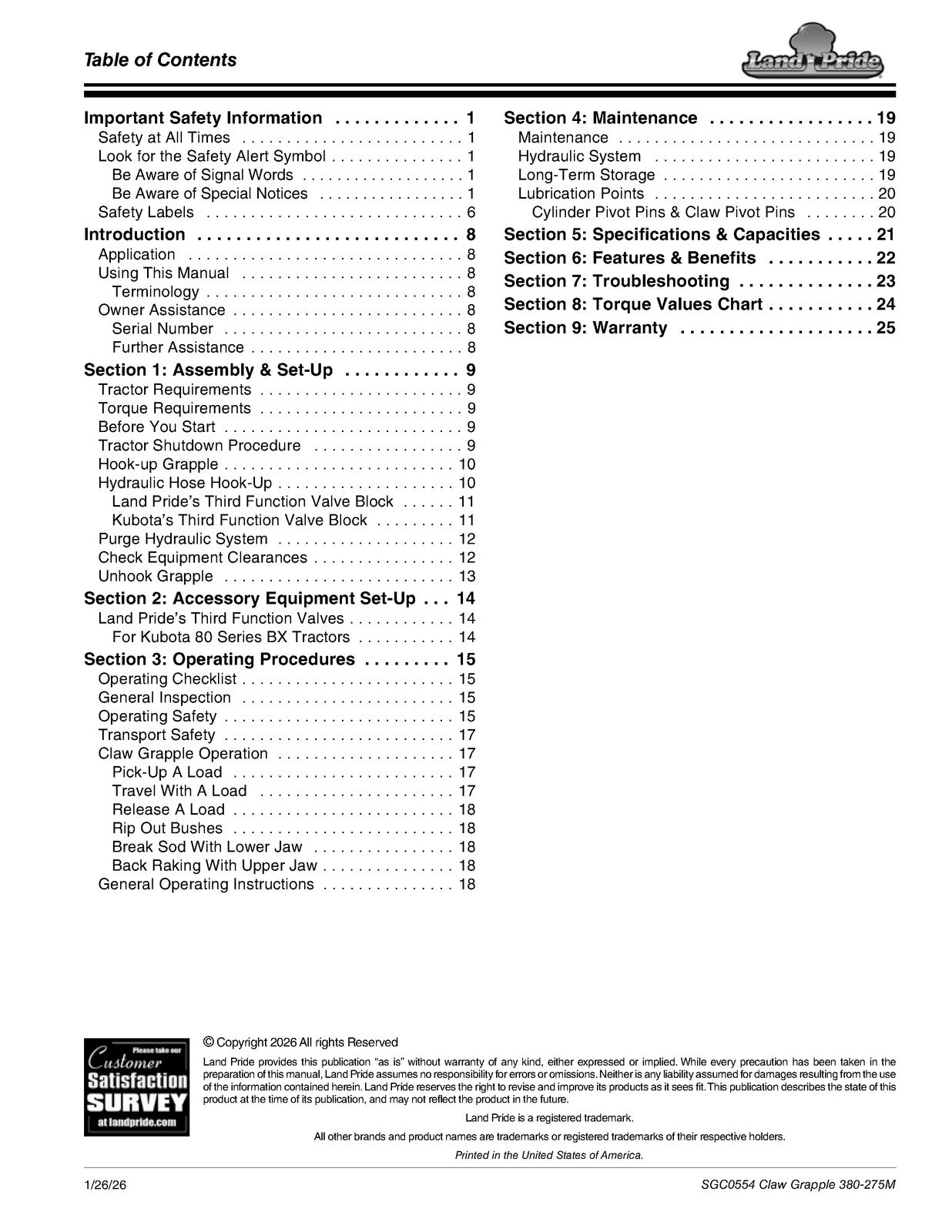 LAND PRIDE SGC0554 Claw Grapples Operators Manual - WIRE BOUND - TOUGH COVERS