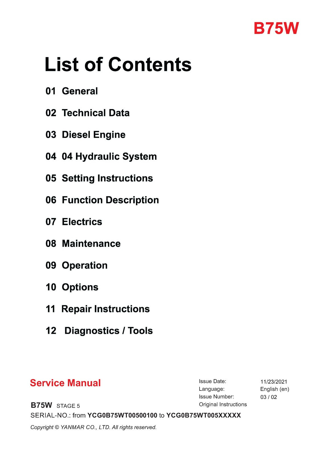 YANMAR B75W Stage 5 Excavator Service Manual 2021 - BOUND - COVERS - XL FOLDOUTS