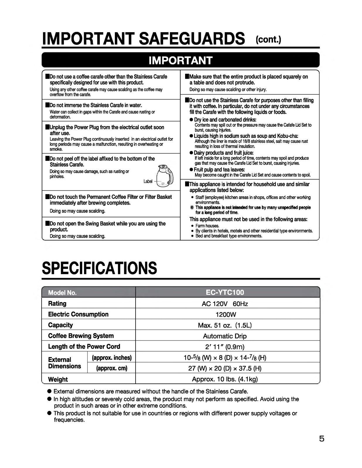 ZOJIRUSHI EC-YTC100 Fresh Brew Plus Thermal Operating Instructions Manual