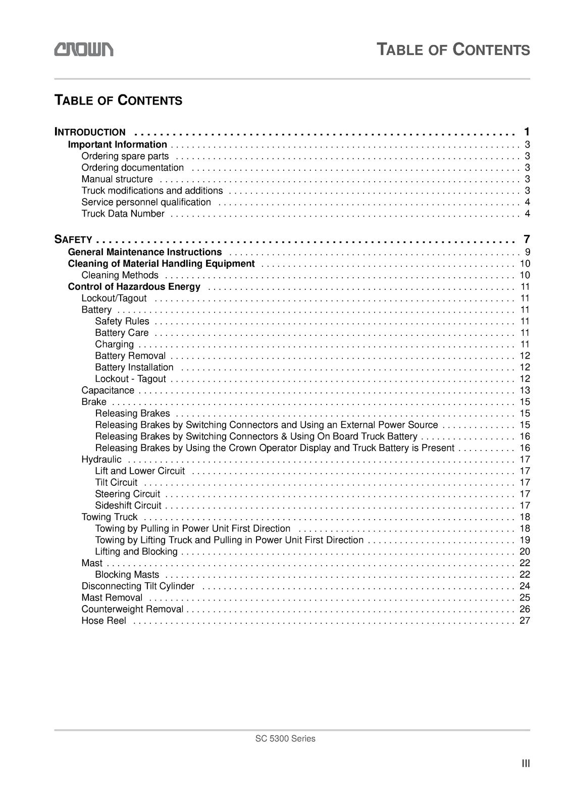 CROWN SC 5300 Series Forklift Maintenance Manual 2012 - WIRE BOUND - COVERS