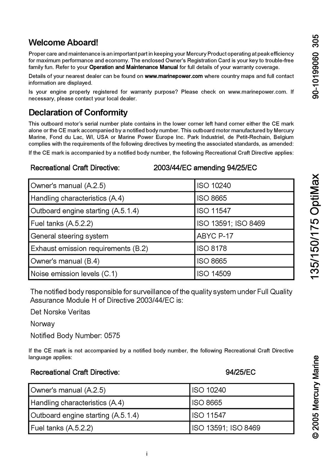 MERCURY 135/150/175 OPTIMAX OPERATION MANUAL 2005+ WIRE BOUND - TOUGH COVERS