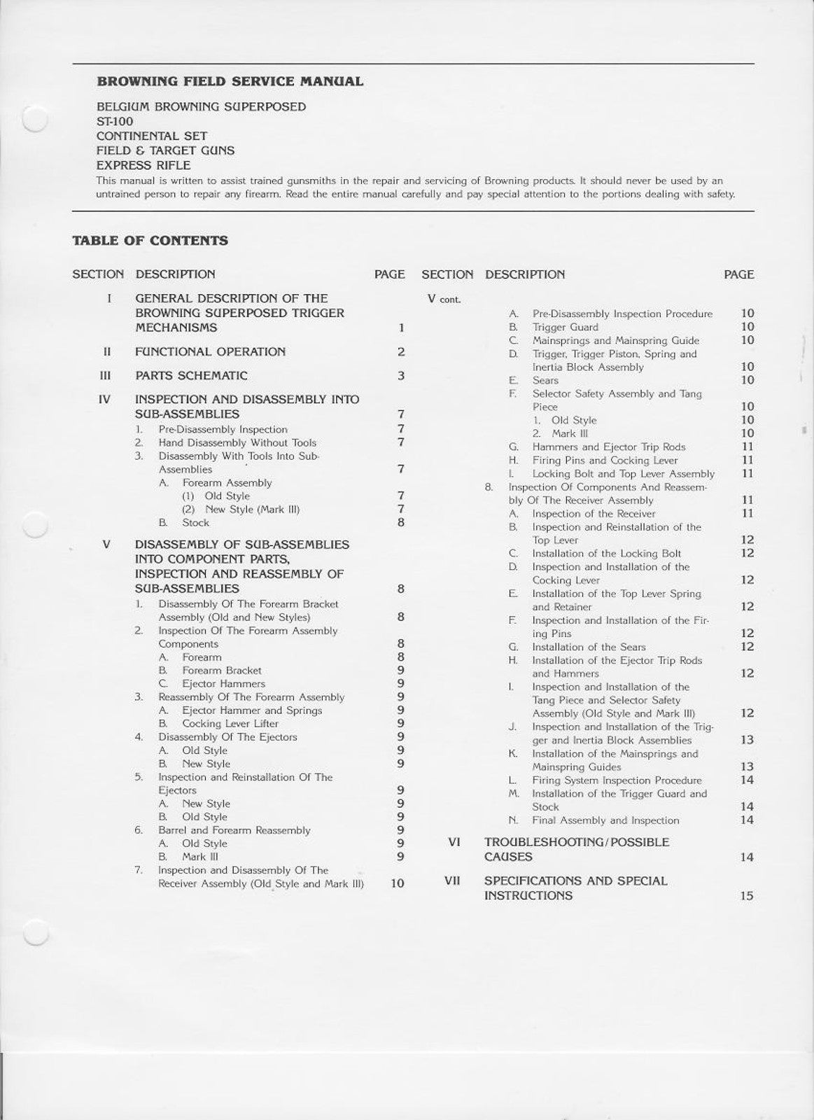 BROWNING Superposed ST-100 Continental Set Field Service Manual - WIRE BOUND