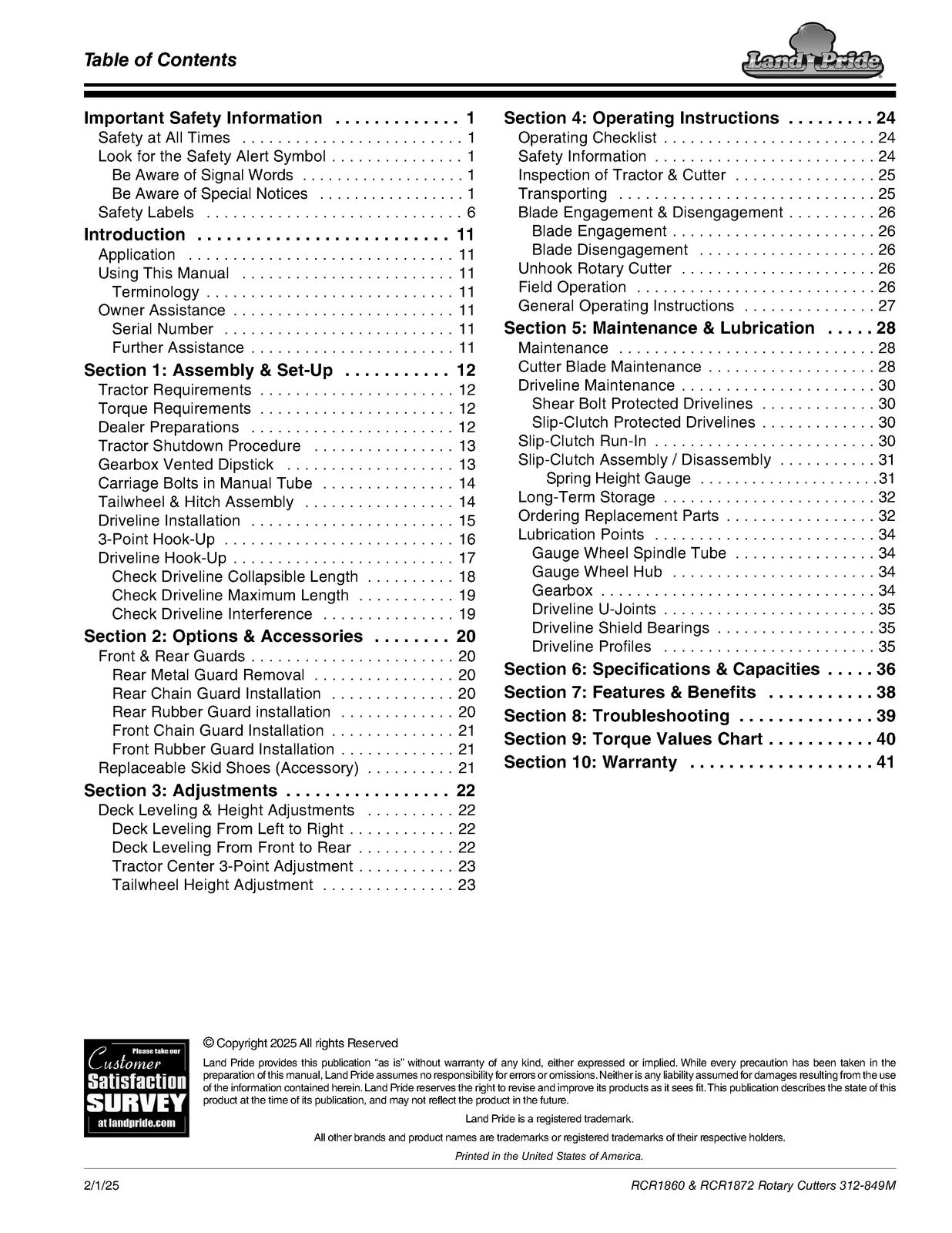 LAND PRIDE RCR1860 RCR1872 Rotary Cutters Operators Manual 2025 - WIRE BOUND