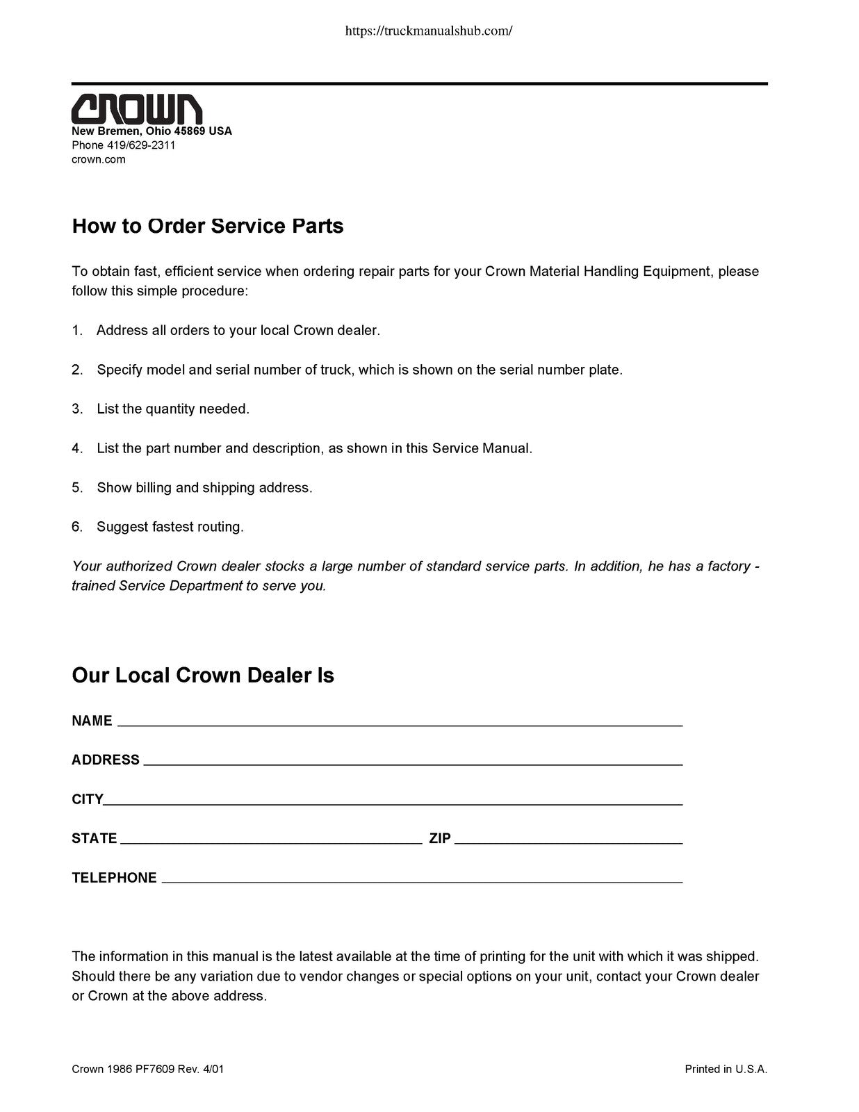 CROWN RC 5500 Series AC Traction Service And Parts Manual - WIRE BOUND - COVERS