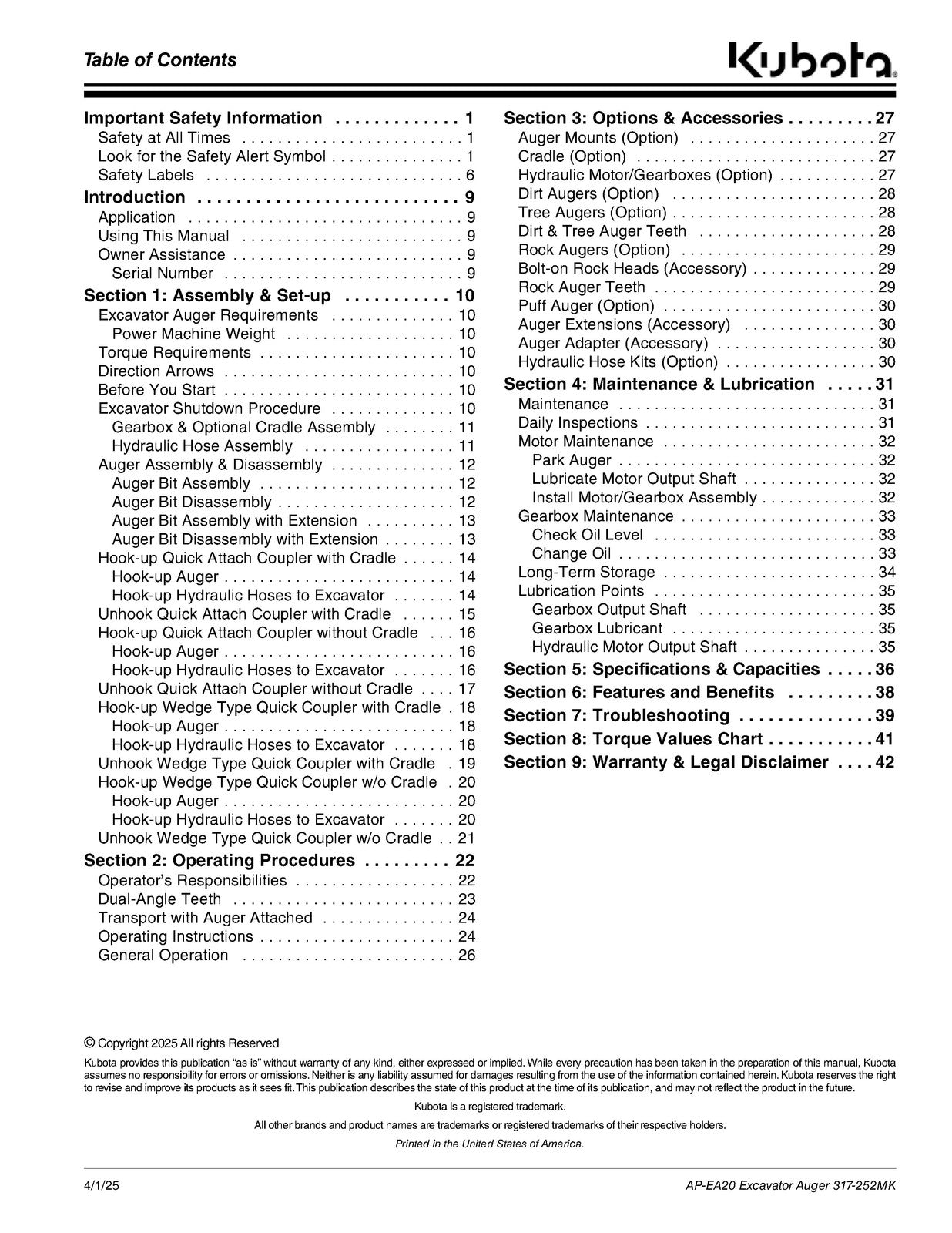 LAND PRIDE EA20 Series Excavator Augers Operators Manual - WIRE BOUND - COVERS