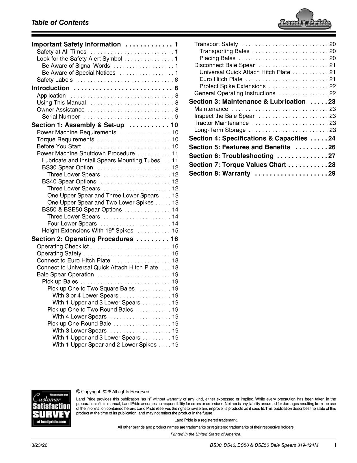 LAND PRIDE BS30 BS40 BS50 BSE50 Bale Spears Operators Manual - WIRE BOUND