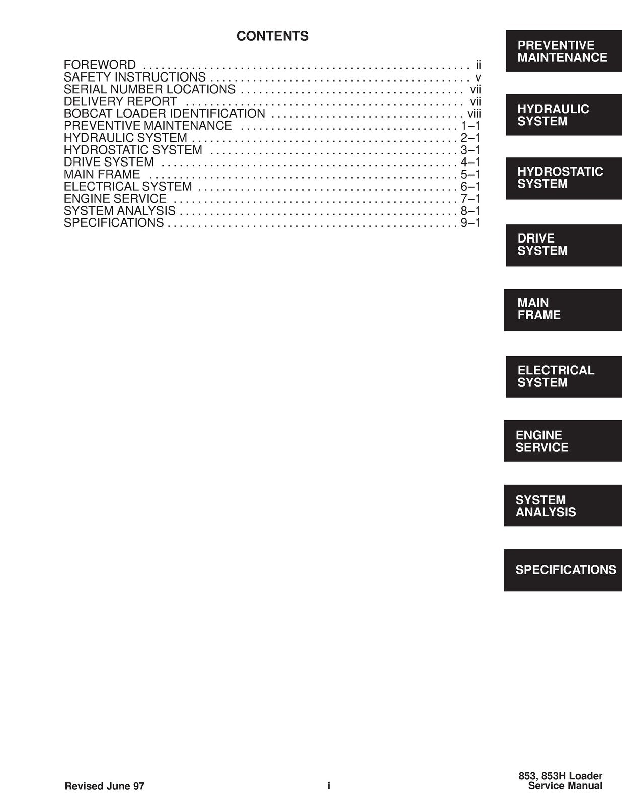 BOBCAT 853 Service Manual 1995 SN 508418001 Up - BOUND - COVERS - XL FOLDOUTS
