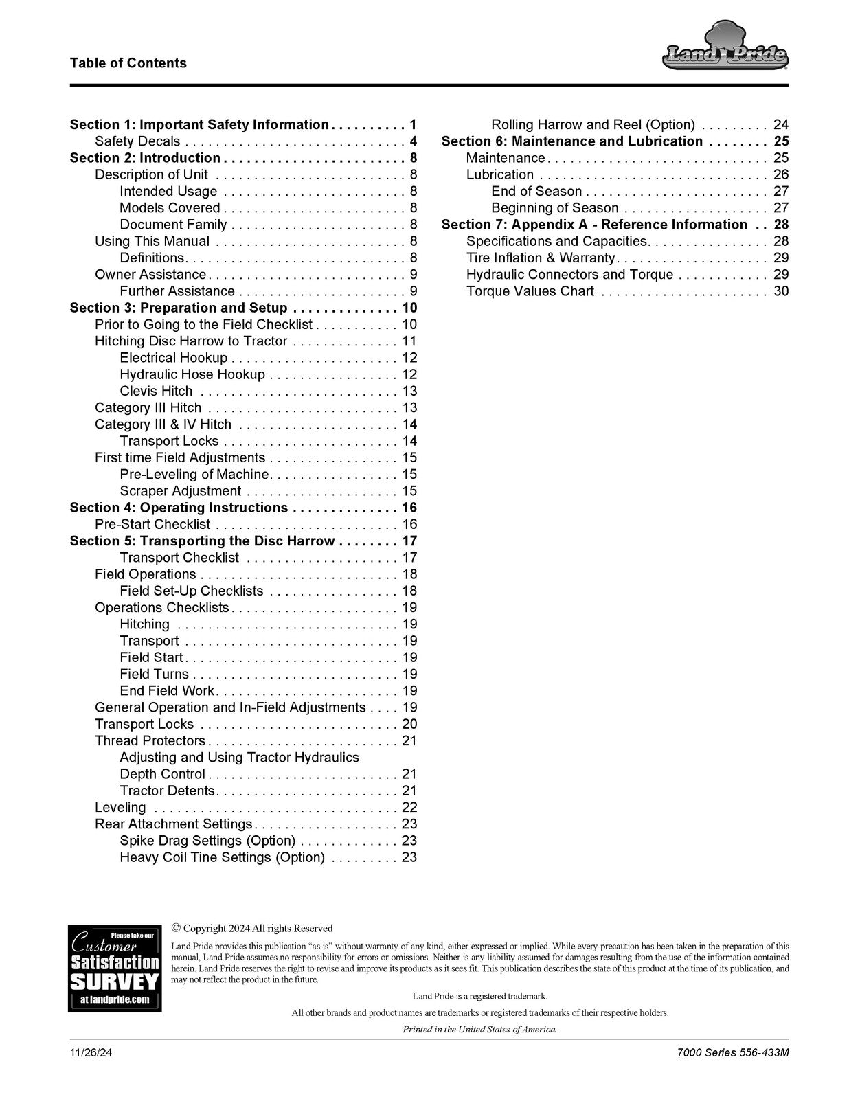 LAND PRIDE DH7100 Series Disc Harrows Operators Manual - WIRE BOUND - COVERS