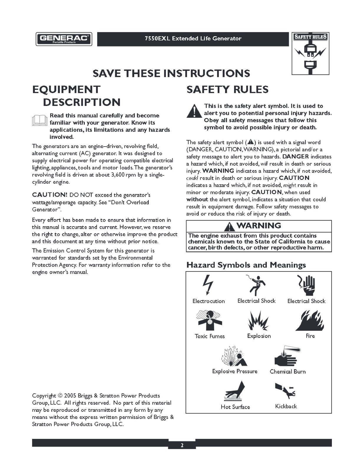 GENERAC 7550EXL Operators Manual - STEEL WIRE BOUND - PROTECTIVE COVERS