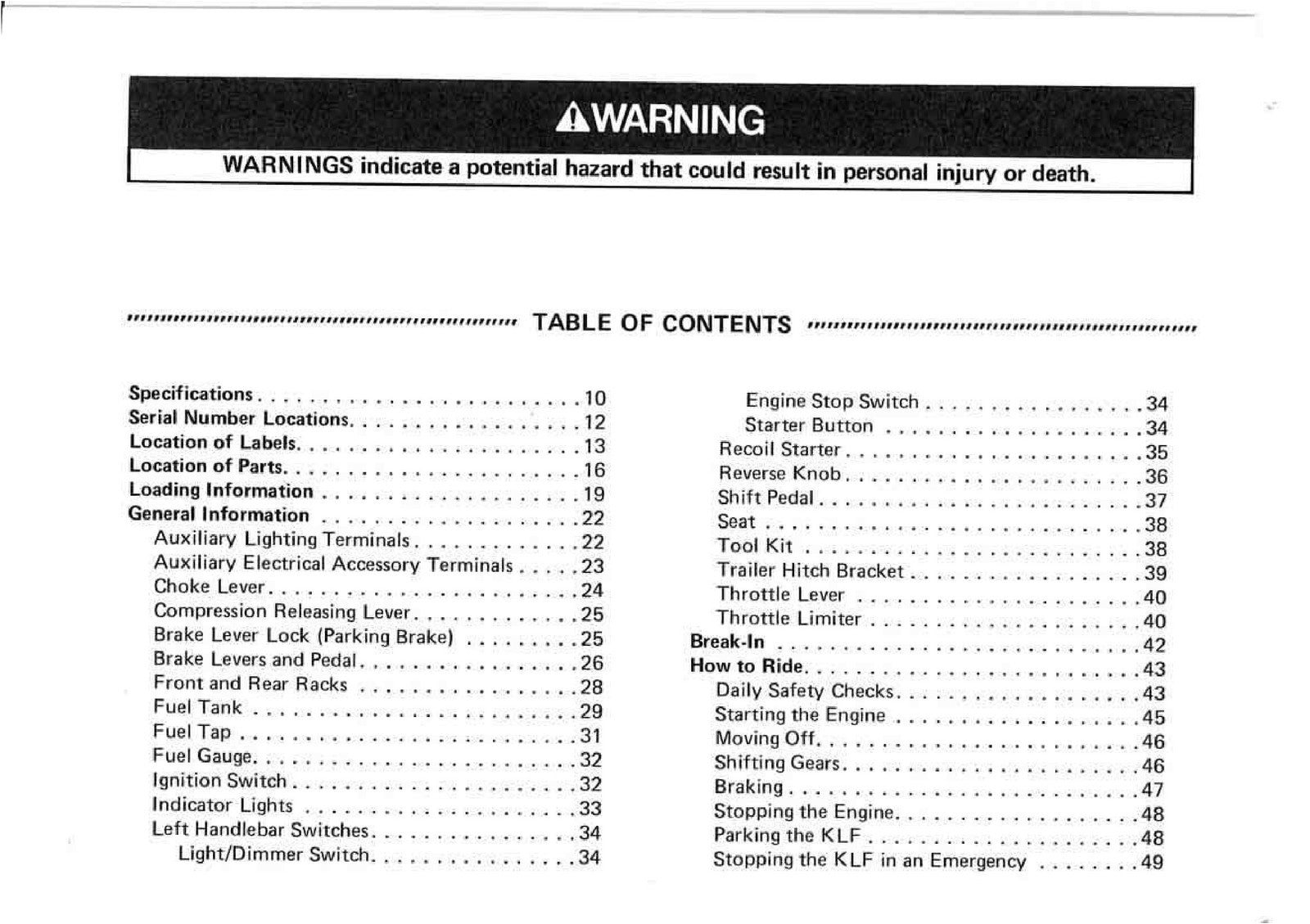 KAWASAKI Bayou 220 Owners Manual 1997 - STEEL WIRE BOUND - PROTECTIVE COVERS
