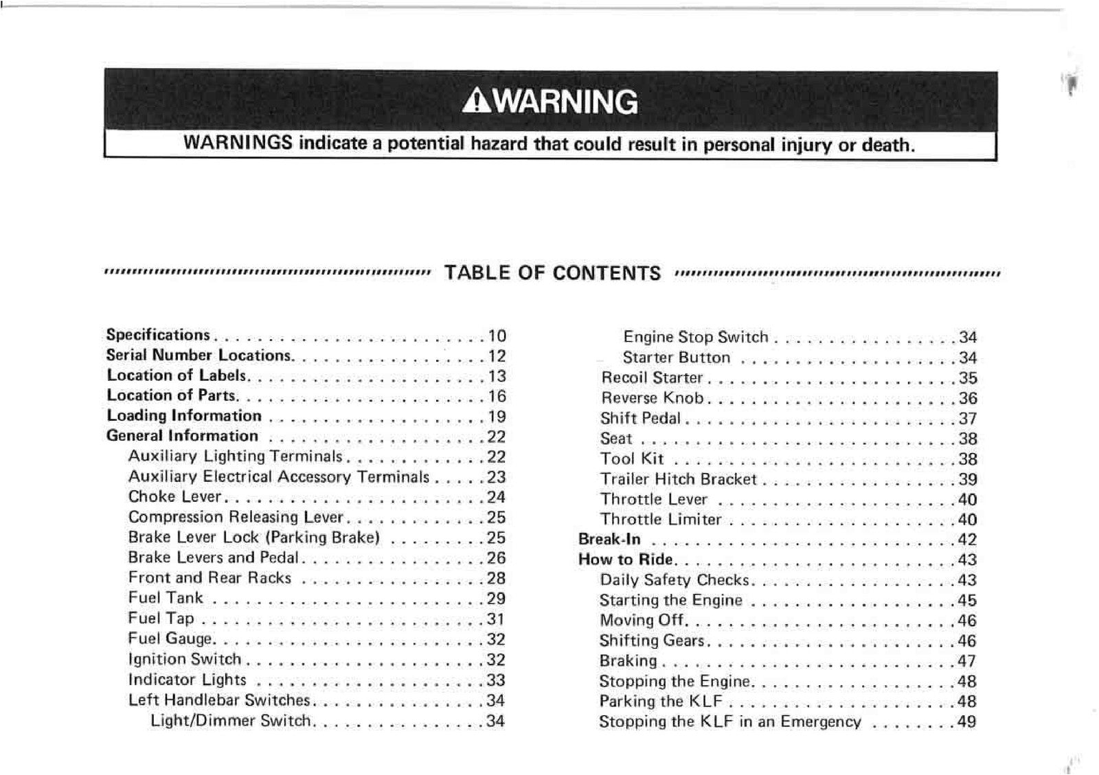KAWASAKI Bayou 220 Owners Manual 1994 - STEEL WIRE BOUND - PROTECTIVE COVERS