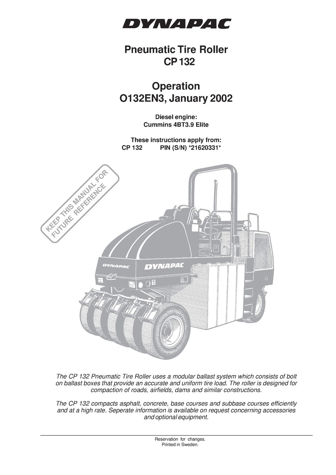 DYNAPAC CP 132 Pneumatic Tire Roller Operation Manual 2002 - WIRE BOUND - COVERS
