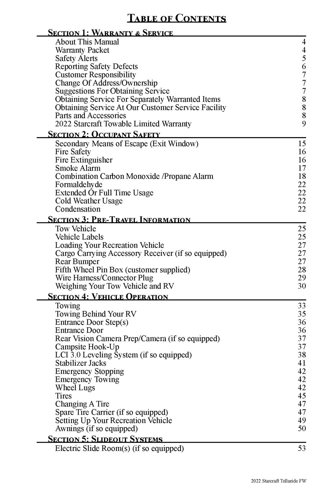 STARCRAFT 2022 Telluride Fifth Wheel Owners Manual - WIRE BOUND - TOUGH COVERS