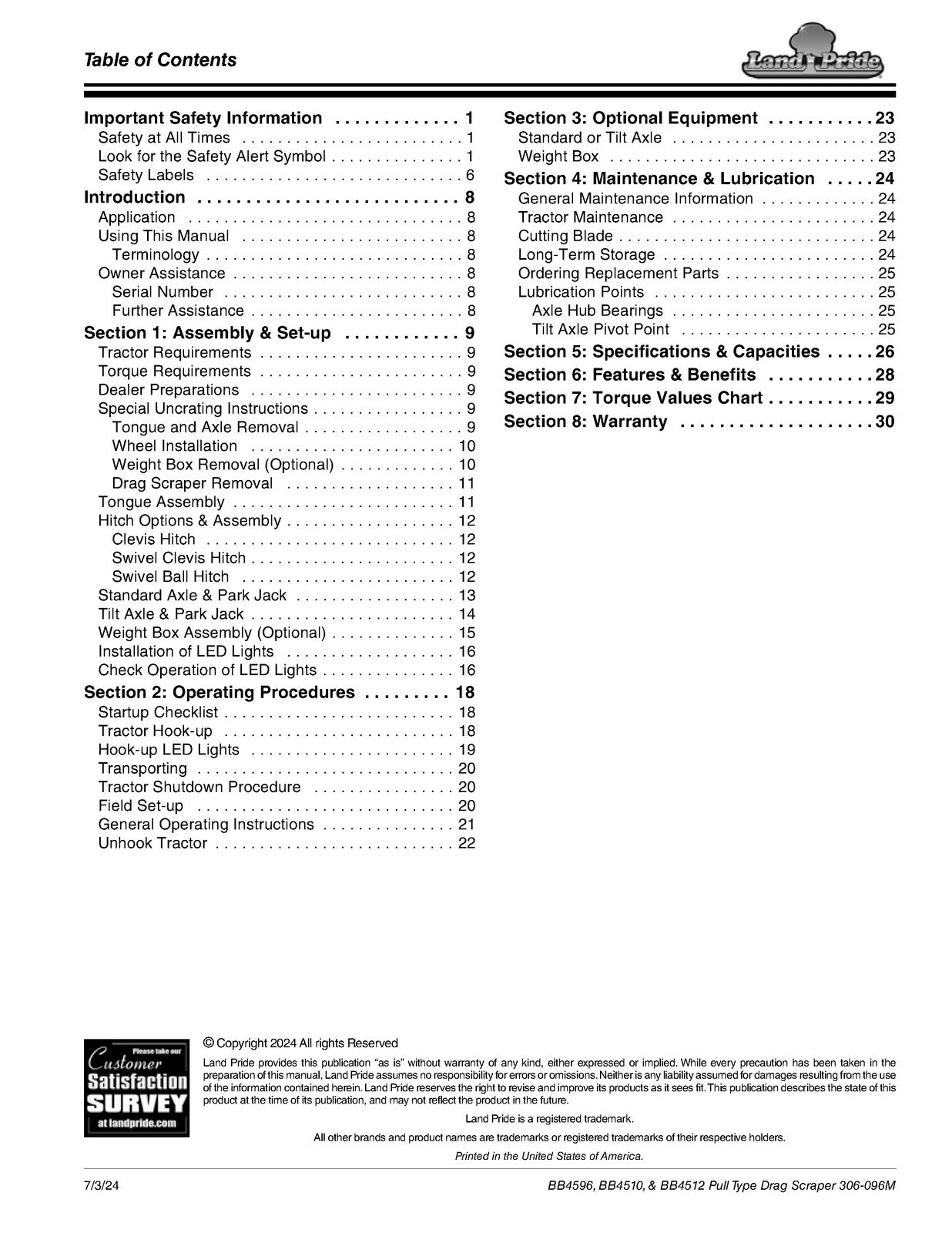 LAND PRIDE BB45 Series Drag Scrapers Operators Manual - WIRE BOUND - COVERS