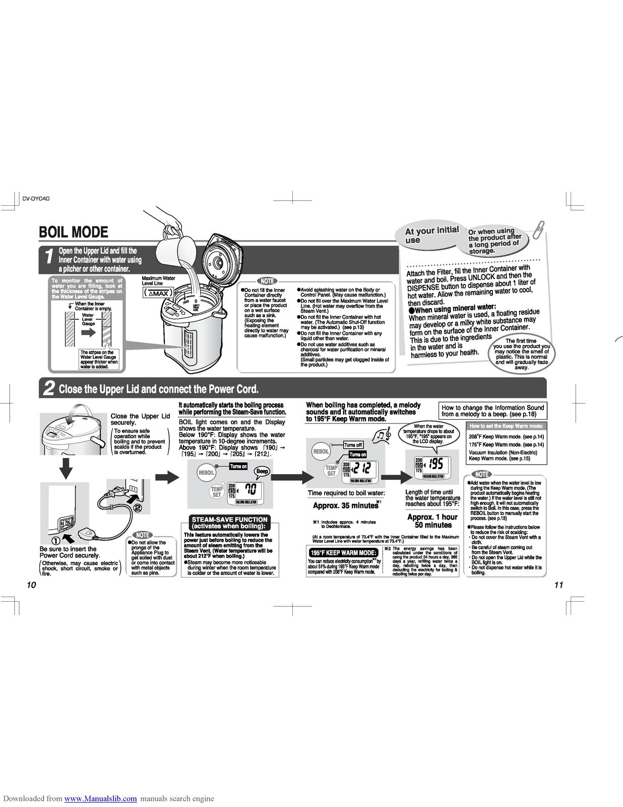 ZOJIRUSHI CV-DYC40 VE Hybrid Water Boiler Operating Instructions Manual - BOUND