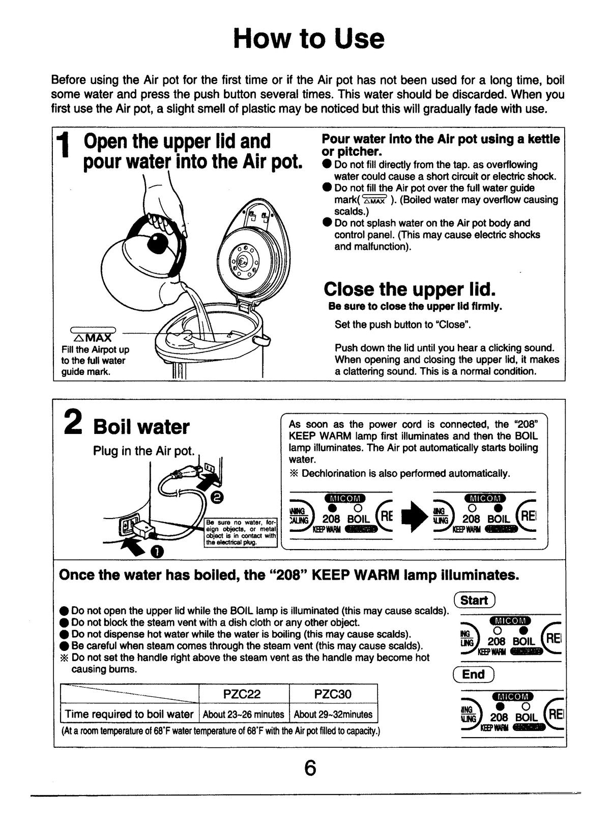 ZOJIRUSHI CW-PZC22 CW-PZC30 Electric Air Pot Operating Instructions Manual