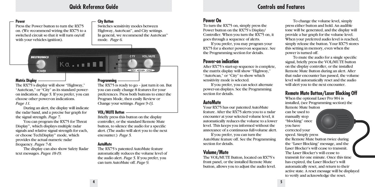 BELTRONICS Bel Pro Remote RX75 Radar Detector Owners Manual - WIRE BOUND