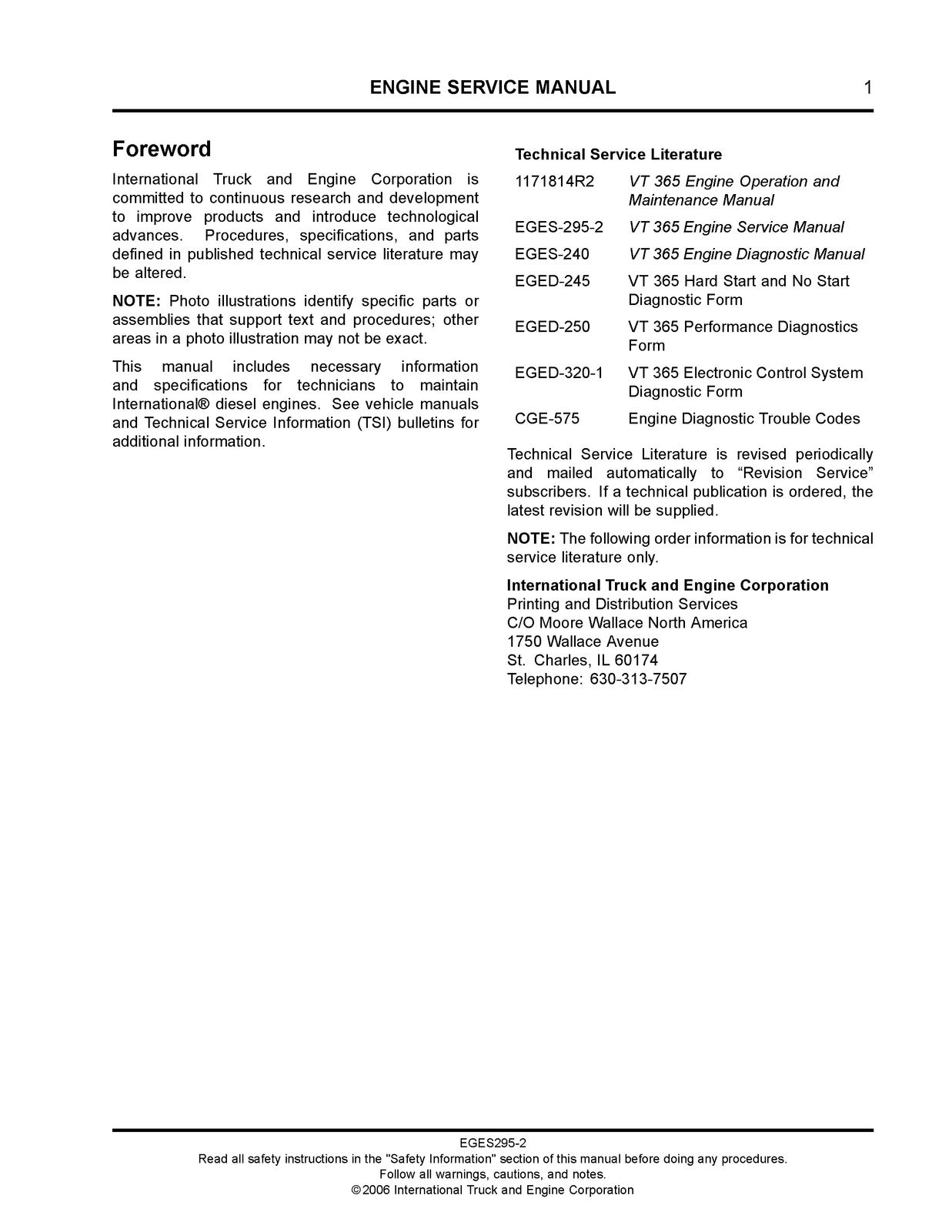 INTERNATIONAL VT 365 Diesel Engine Service Manual - WIRE BOUND - TOUGH COVERS