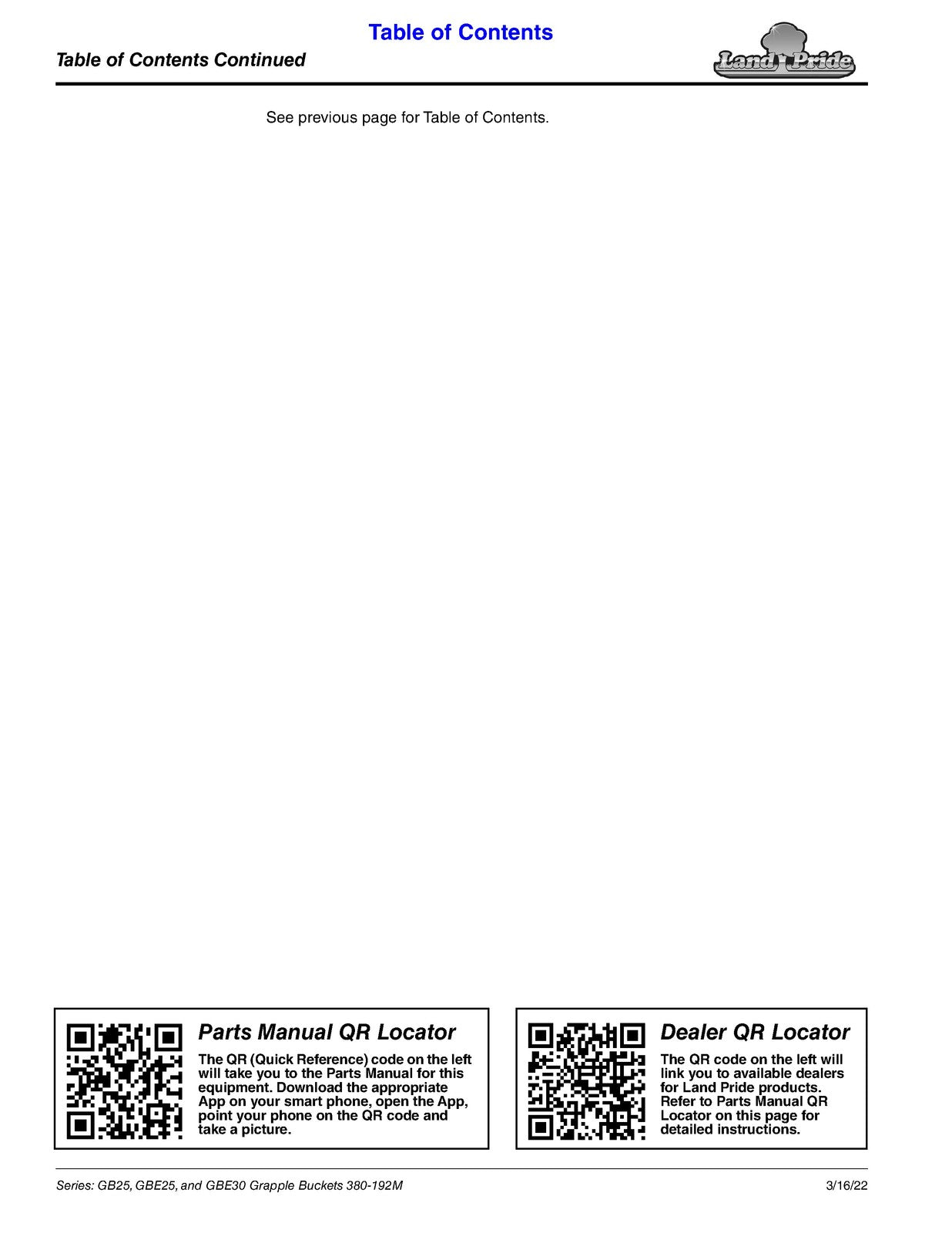 LAND PRIDE GB2596 Series Grapple Buckets Operators Manual - WIRE BOUND - COVERS