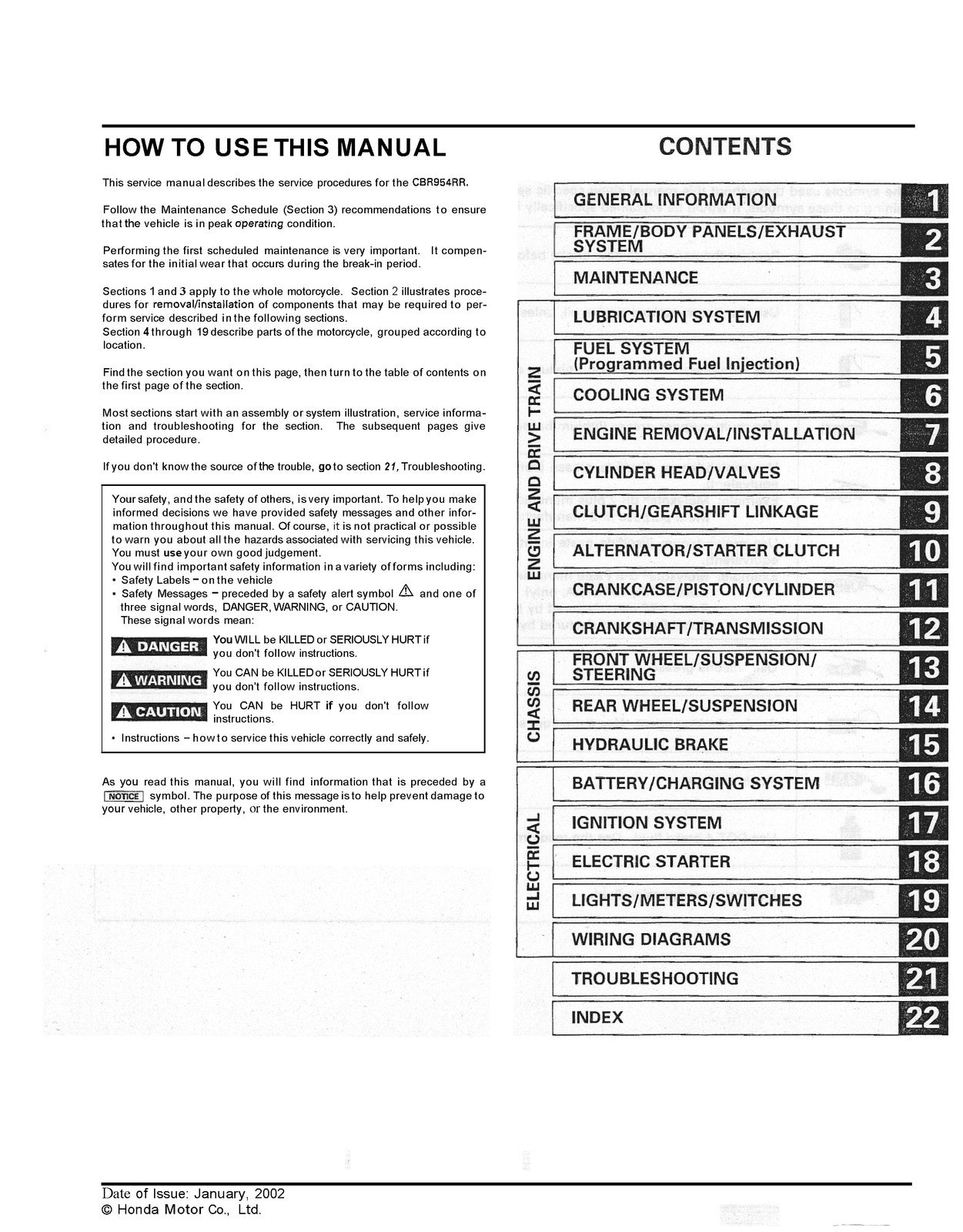 HONDA CBR954RR Service Manual 2002 - BOUND - COVERS - XL FOLDOUT PAGES