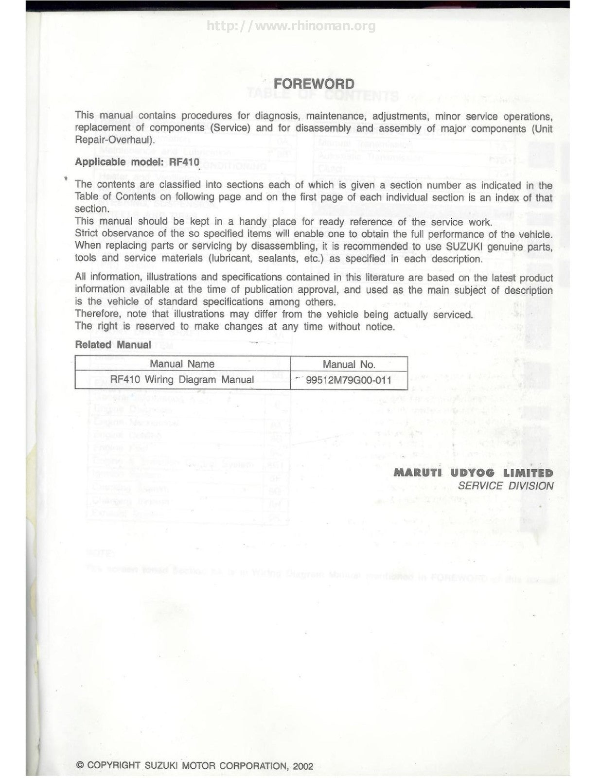 MARUTI SUZUKI Alto HA24 RF410 F10D Service Manual 2002 - WIRE BOUND - COVERS