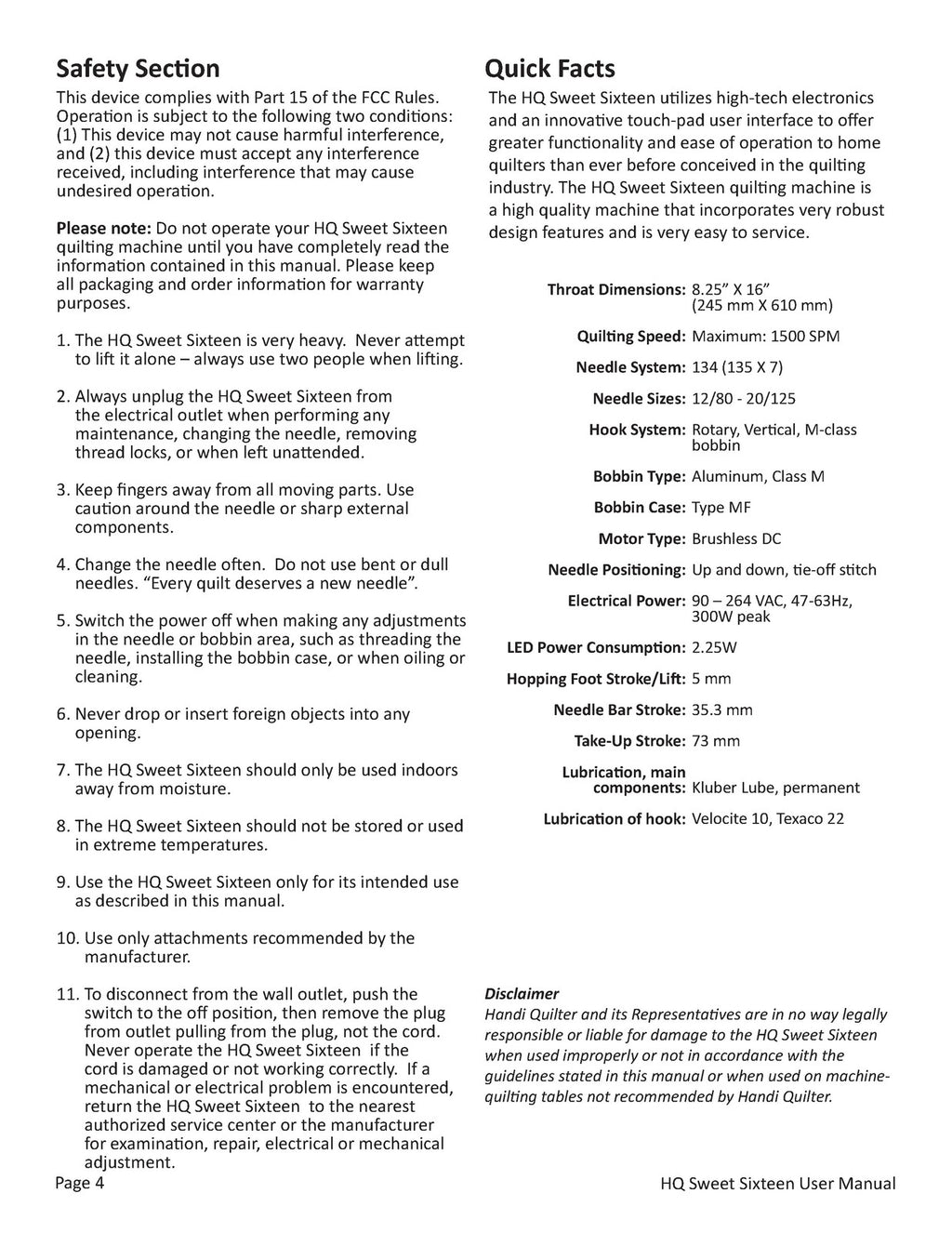 HANDI QUILTER HQ Sweet Sixteen User Manual QM30270, v 2.0, 2014, BOUND, COVERS