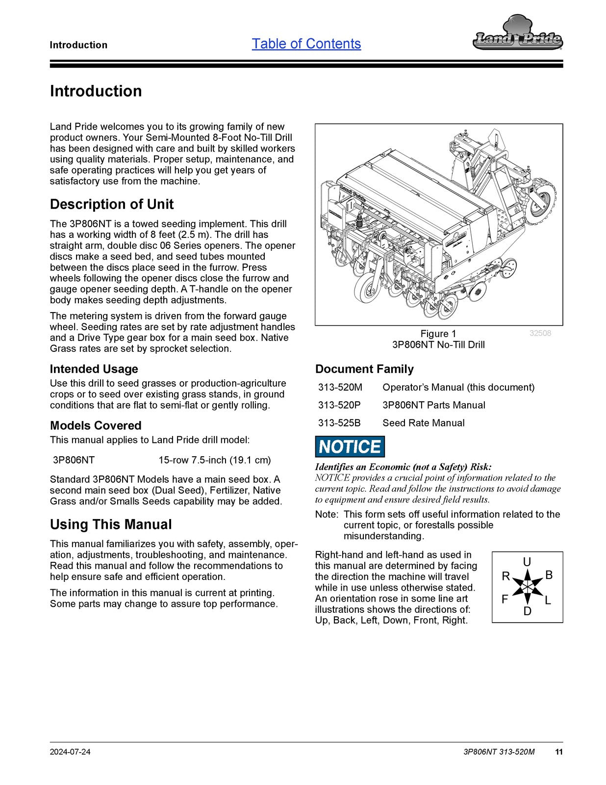 LAND PRIDE 3P806NT Compact Drills Operators Manual 2024 - WIRE BOUND - COVERS