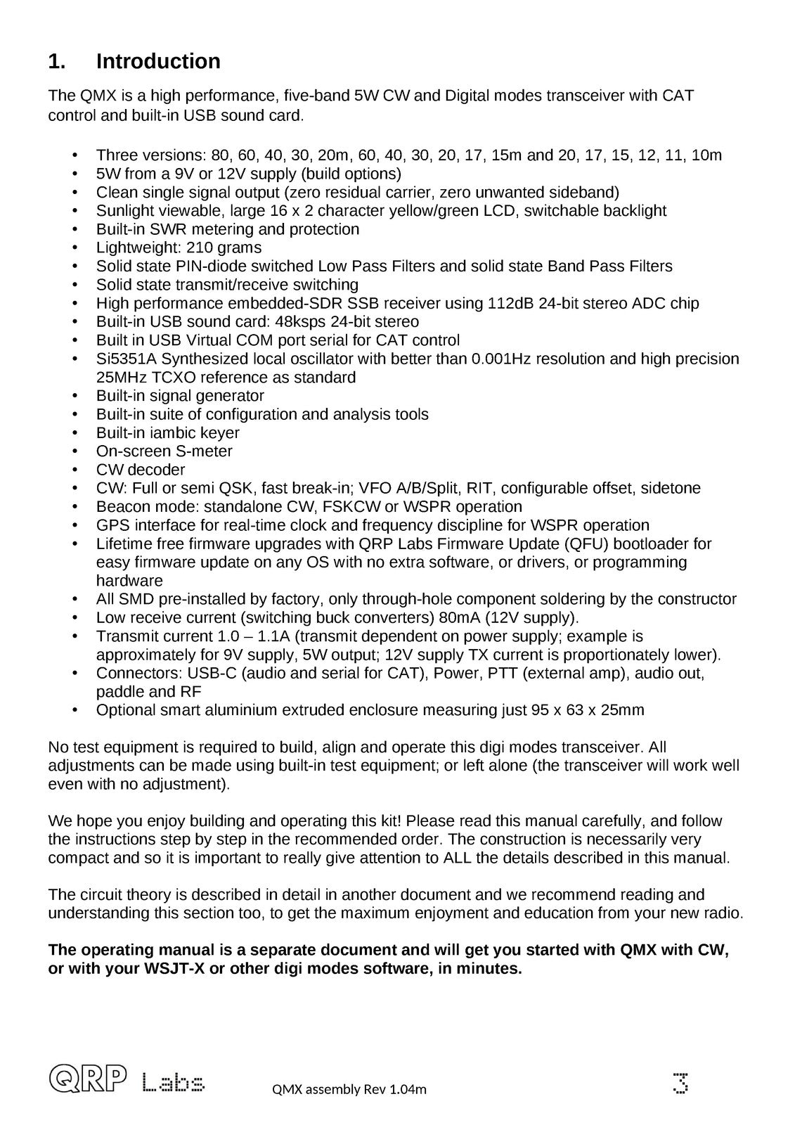 QRP LABS QMX Multimode Transceiver Assembly Manual - WIRE BOUND - TOUGH COVERS