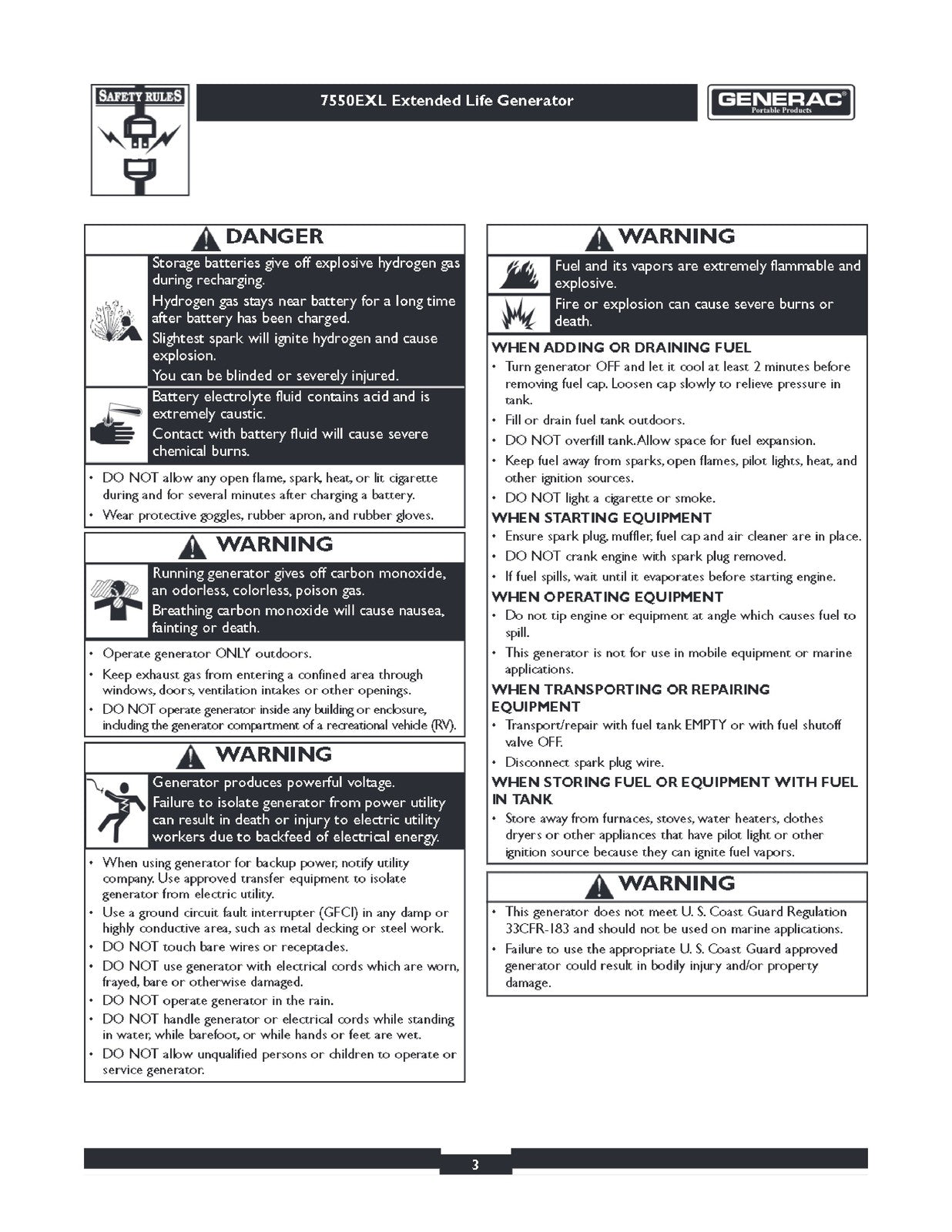 GENERAC 7550EXL Operators Manual - STEEL WIRE BOUND - PROTECTIVE COVERS