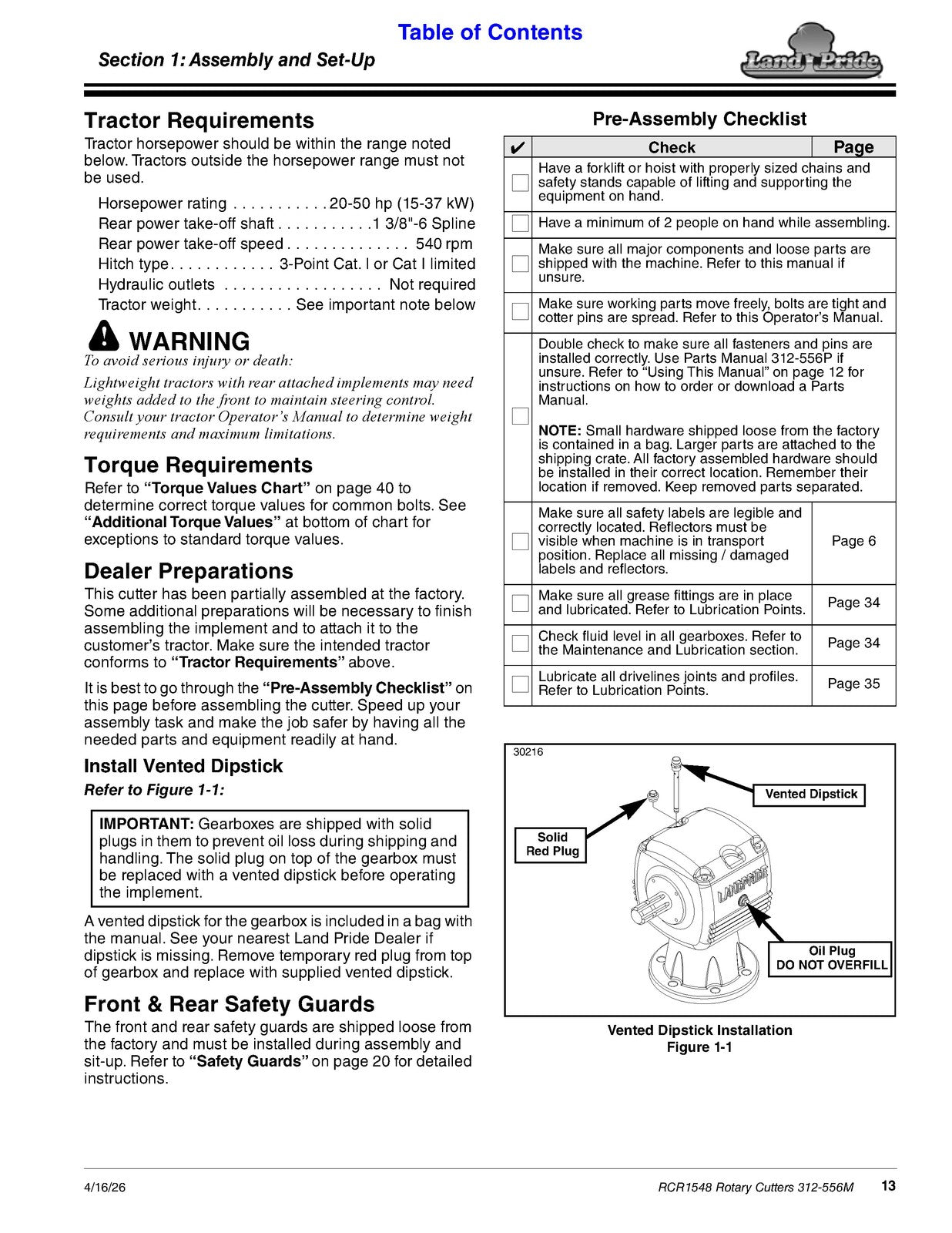 LAND PRIDE RCR1548 Rotary Cutter Operators Manual 2026 - WIRE BOUND - COVERS